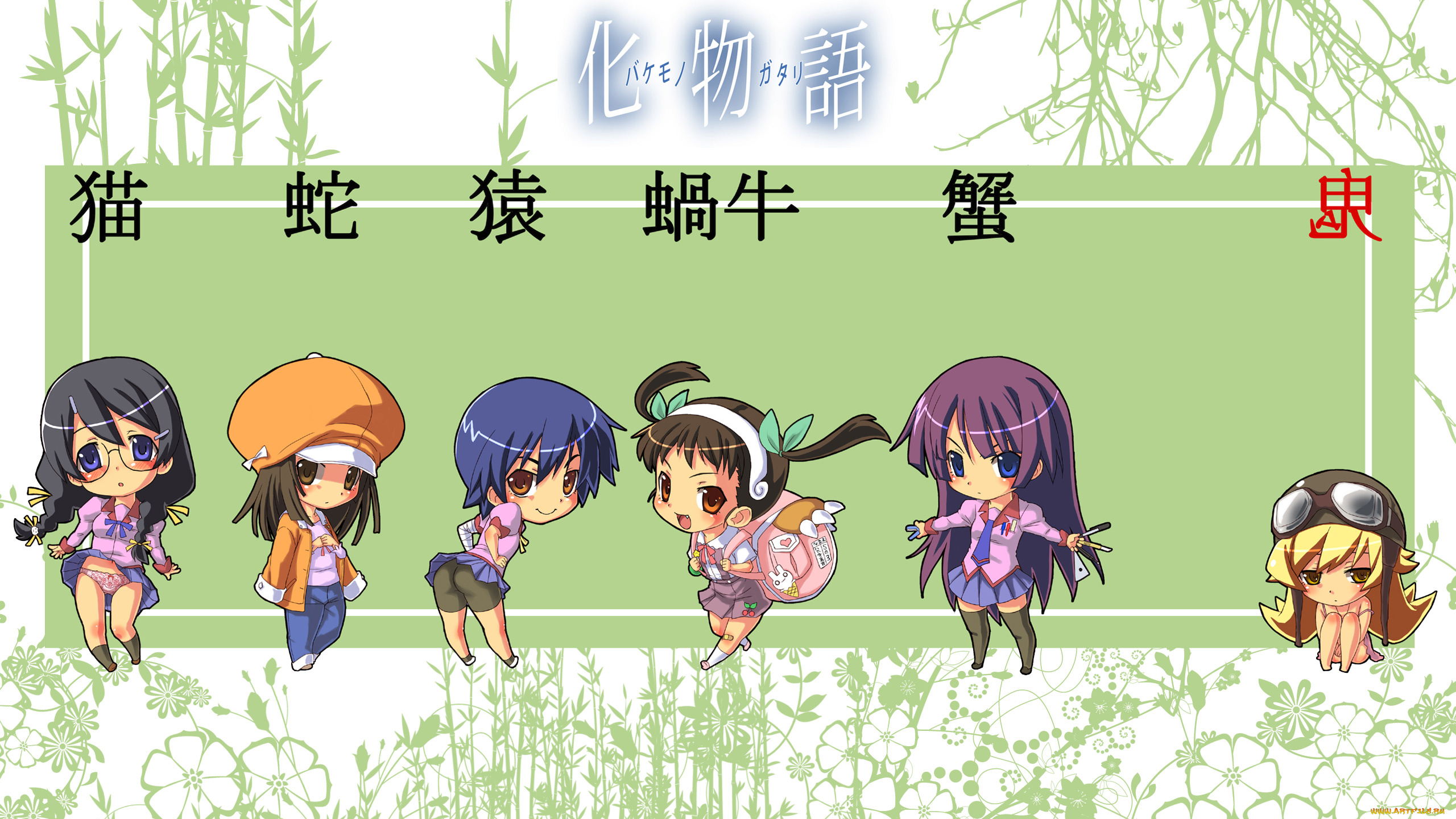 аниме, bakemonogatari, senjougahara, hitagi, девушка, форма, инструменты, oshino, shinobu, шлем, kanbaru, suruga, бинт, шорты, hachikuji, mayoi, портфель, бант, hanekawa, tsubasa, очки, косички, sengoku, nadeko, шляпа, пиджак