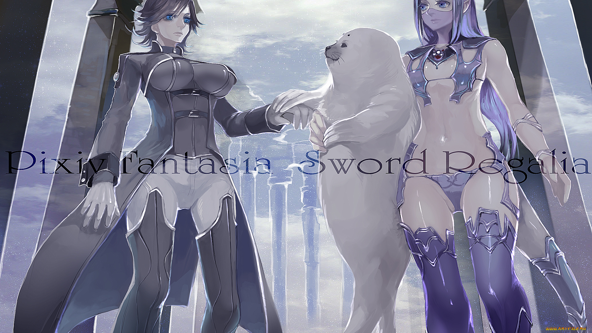 by, nicole, pmonachi, аниме, pixiv, fantasia, город, небо, девушки, тюлень