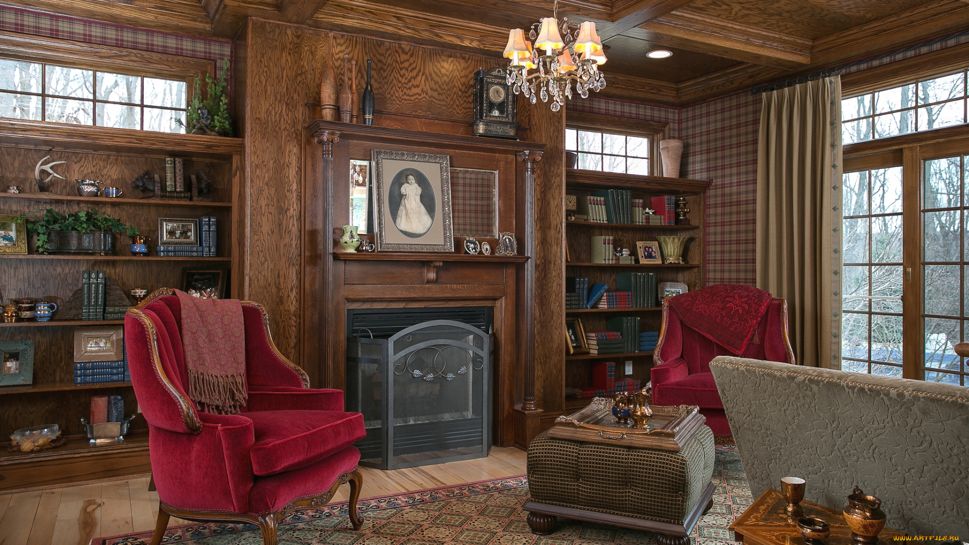 интерьер, кабинет, библиотека, офис, портрет, кресла, камин