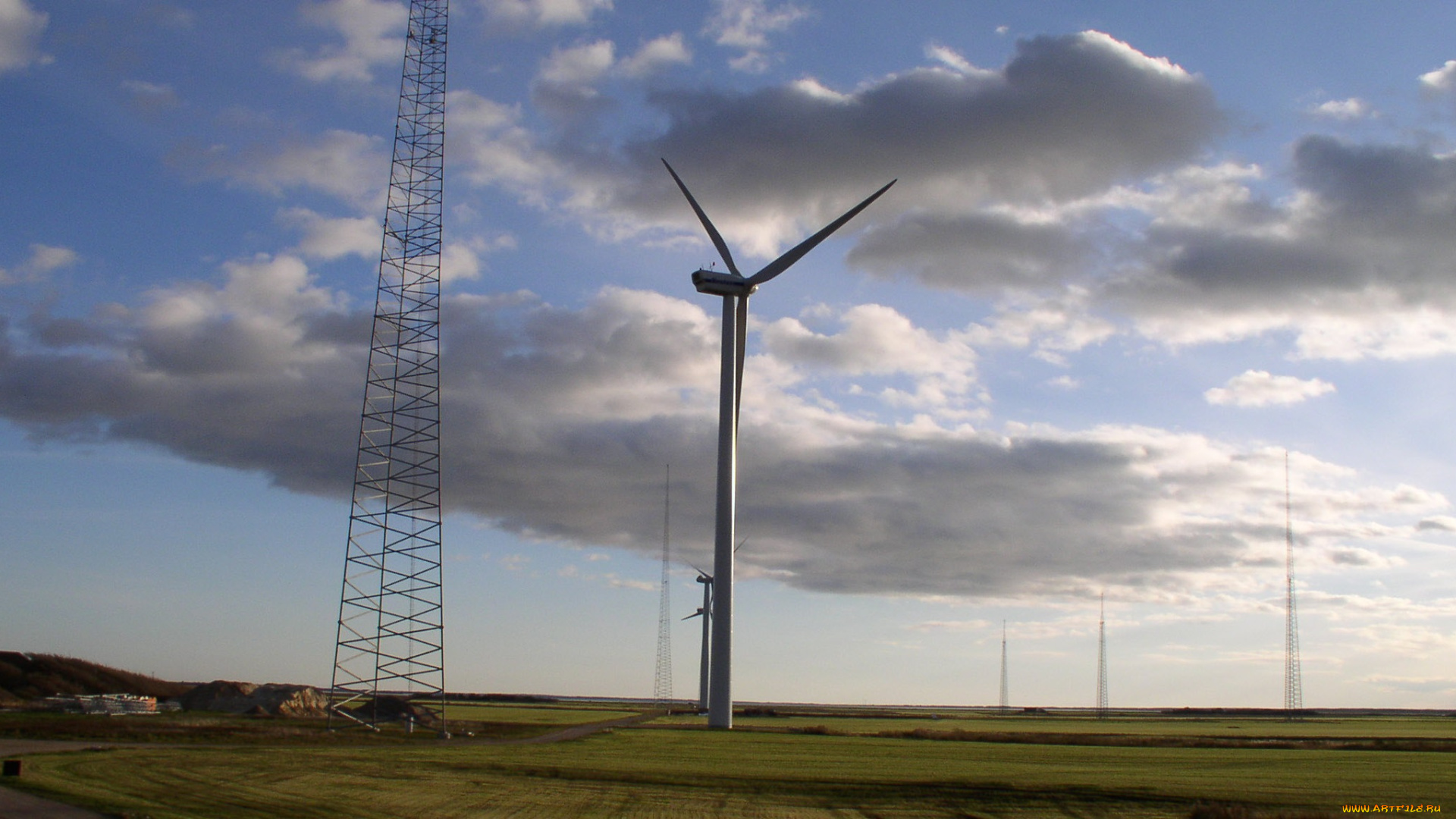 разное, мельницы, поле, облака