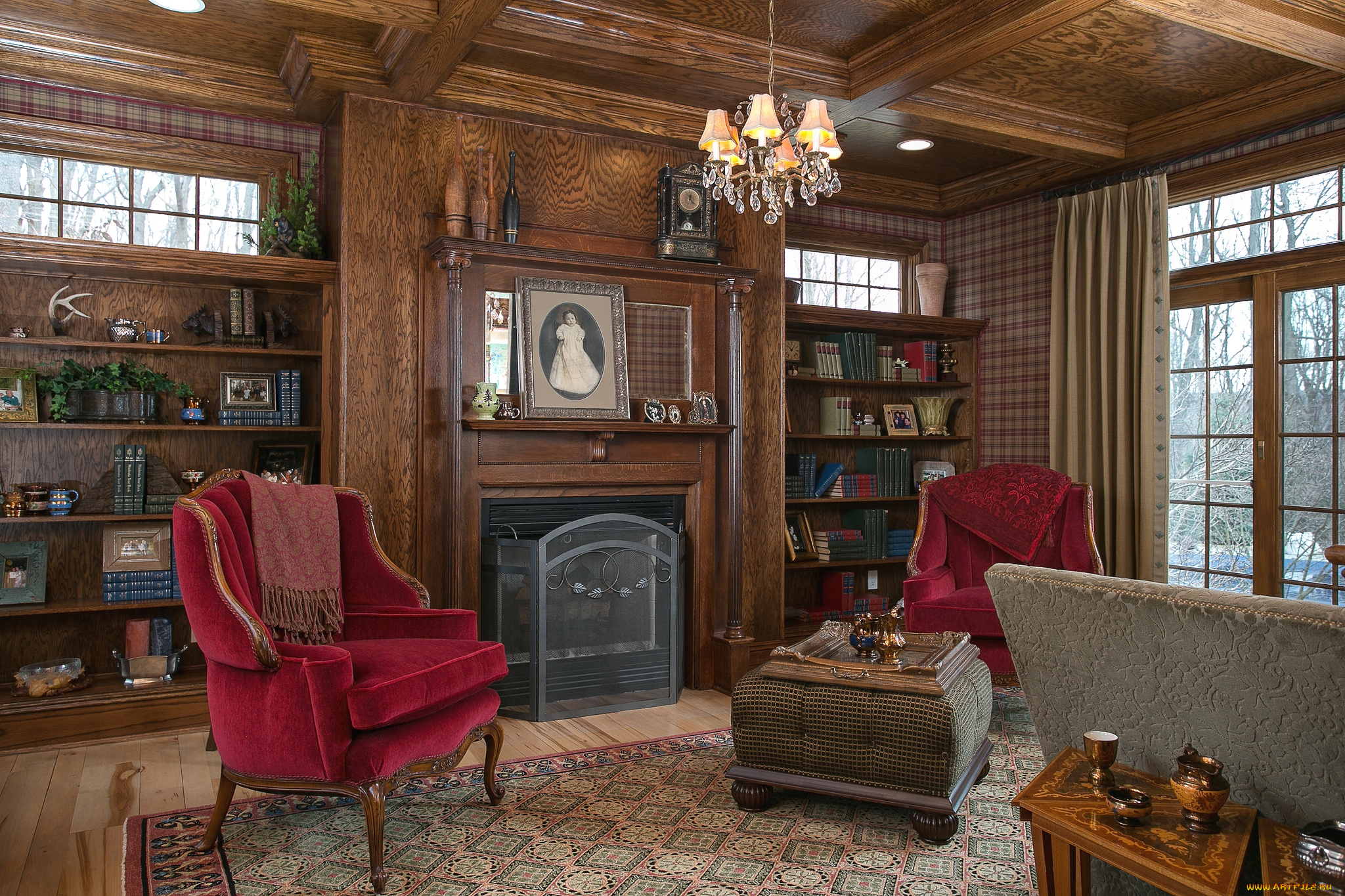 интерьер, кабинет, библиотека, офис, портрет, кресла, камин