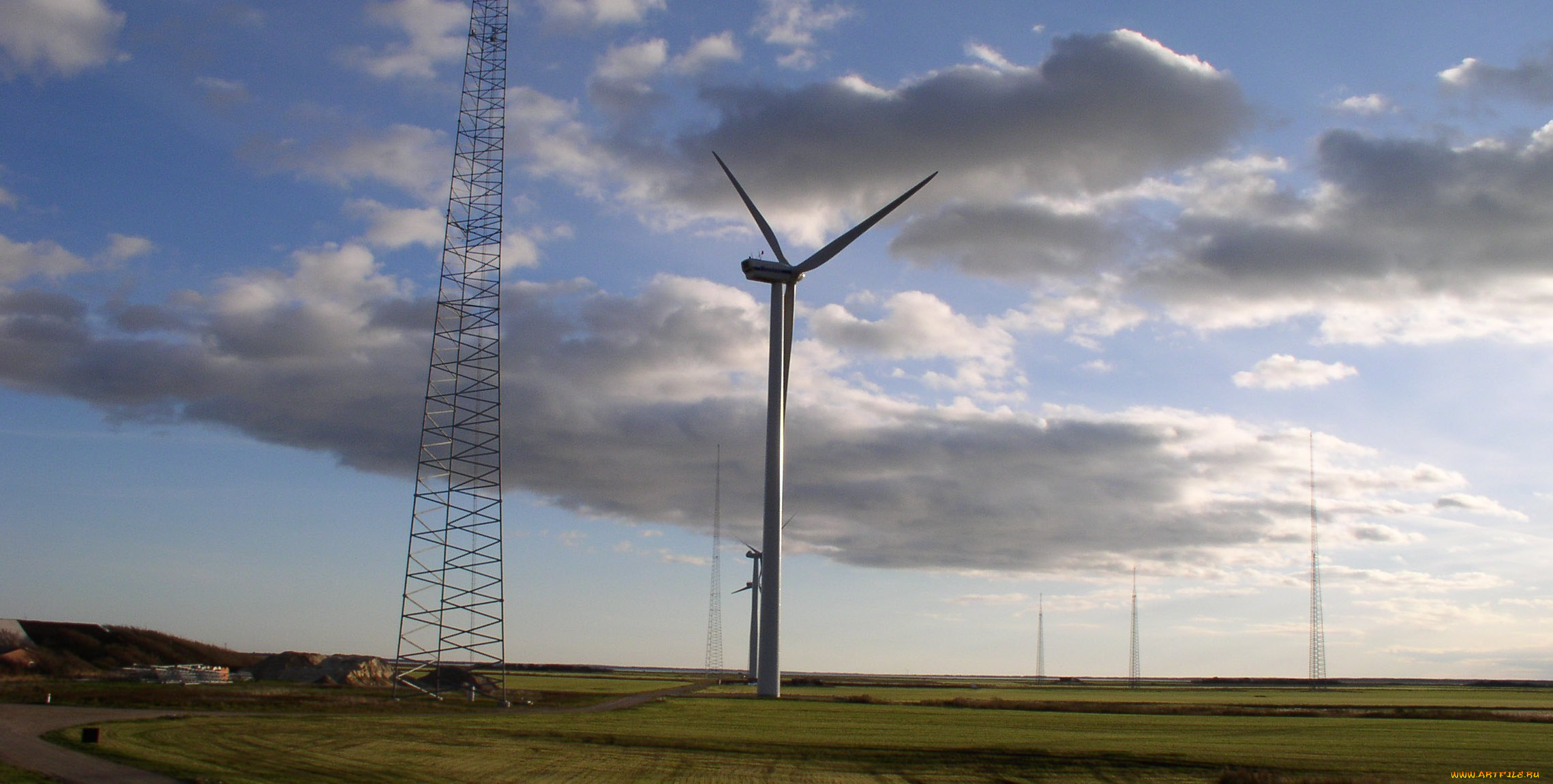 разное, мельницы, поле, облака