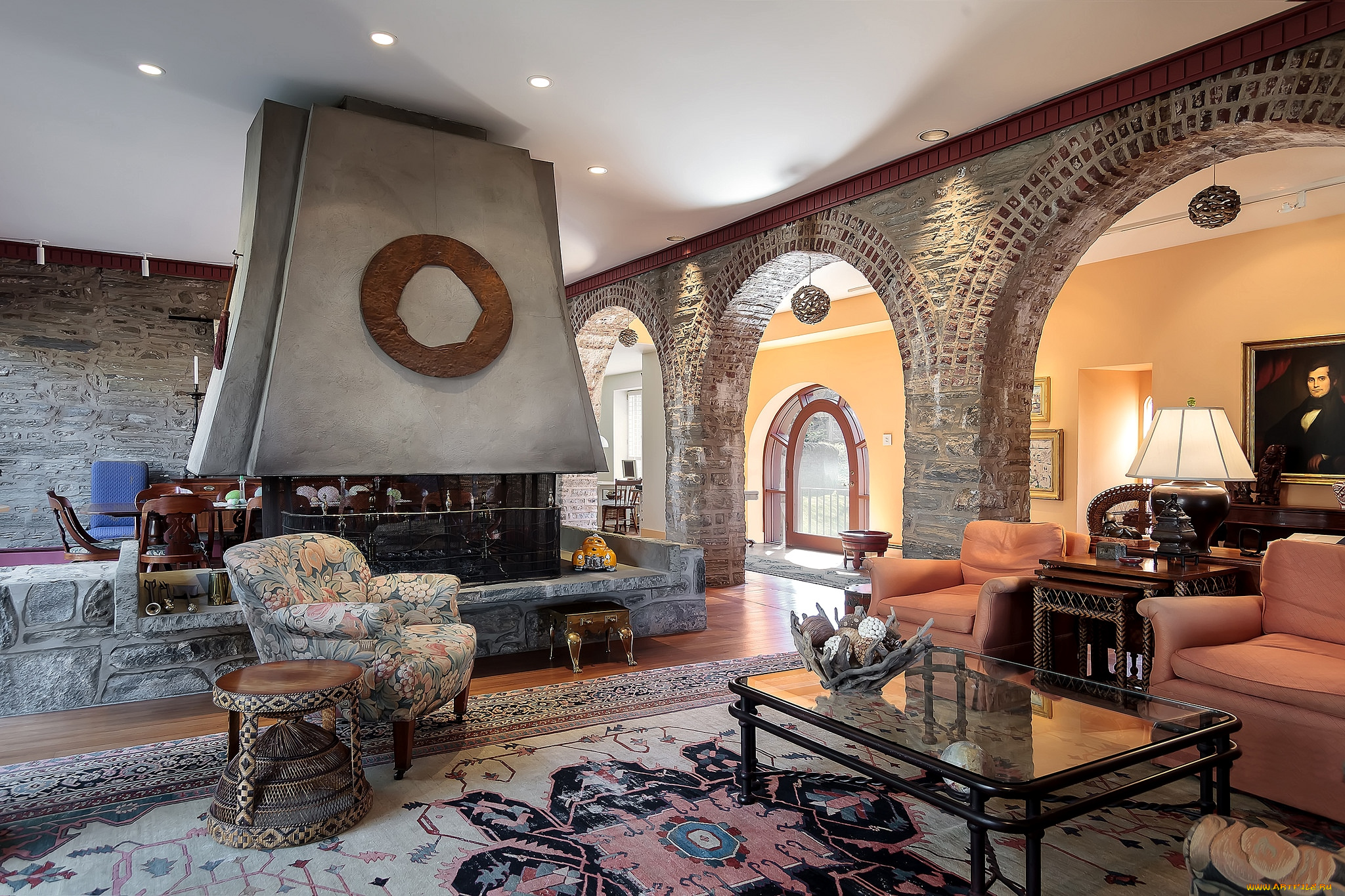 интерьер, гостиная, камин, ковер