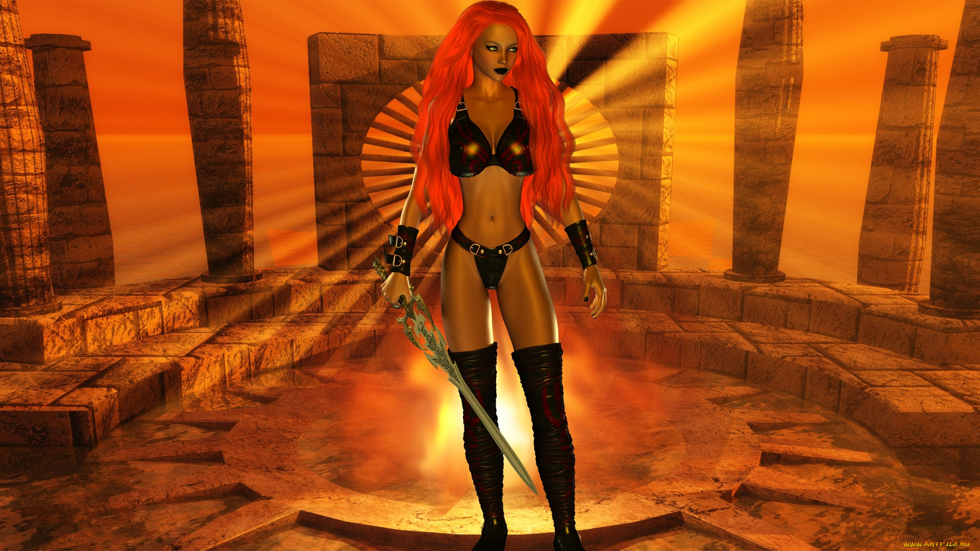 3д, графика, амазонки, , amazon, фон, рыжая, меч, взгляд, девушка