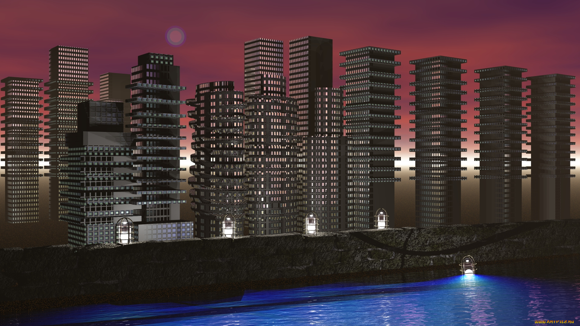 3д, графика, архитектура, , architecture, дома, ночь, луна