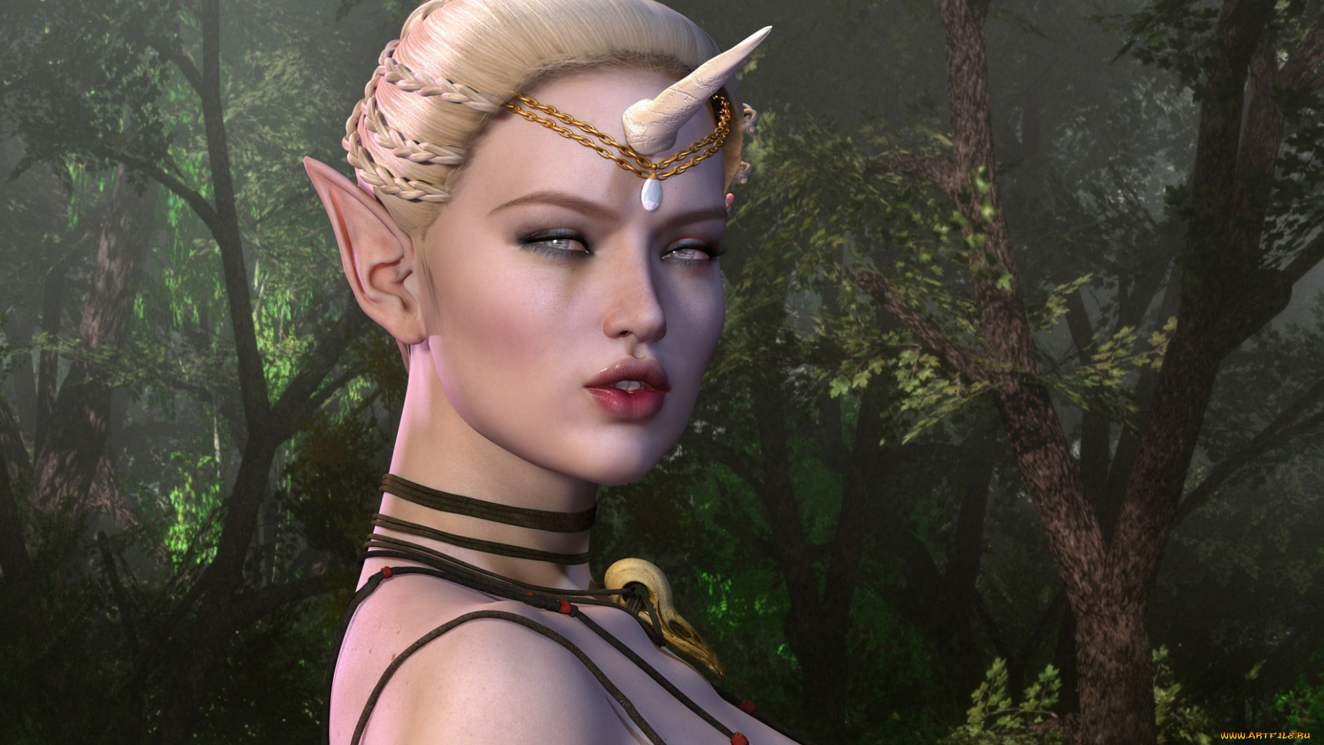 3д, графика, эльфы, , elves, рог, фон, взгляд, девушка