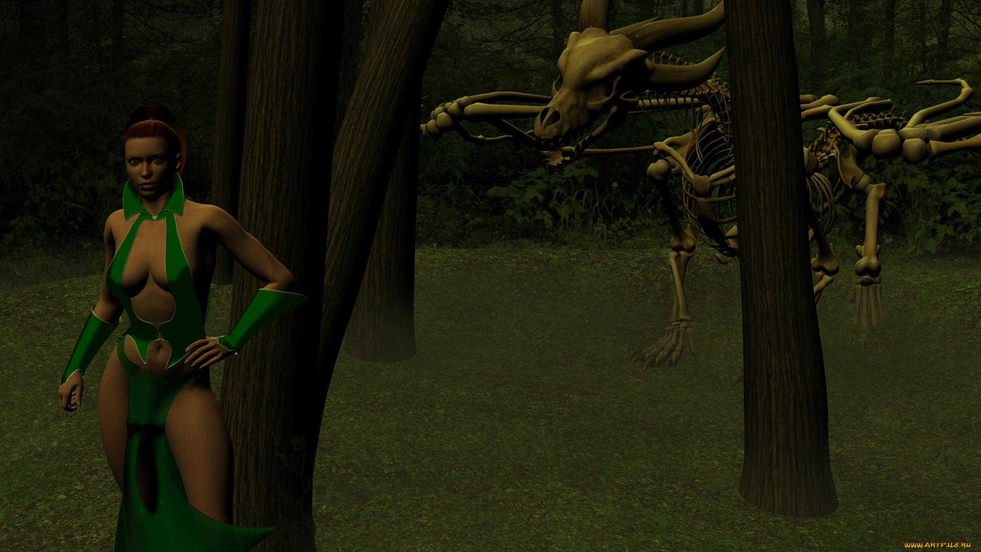 3д, графика, фантазия, , fantasy, фон, взгляд, скелет, дракон, лес, девушка