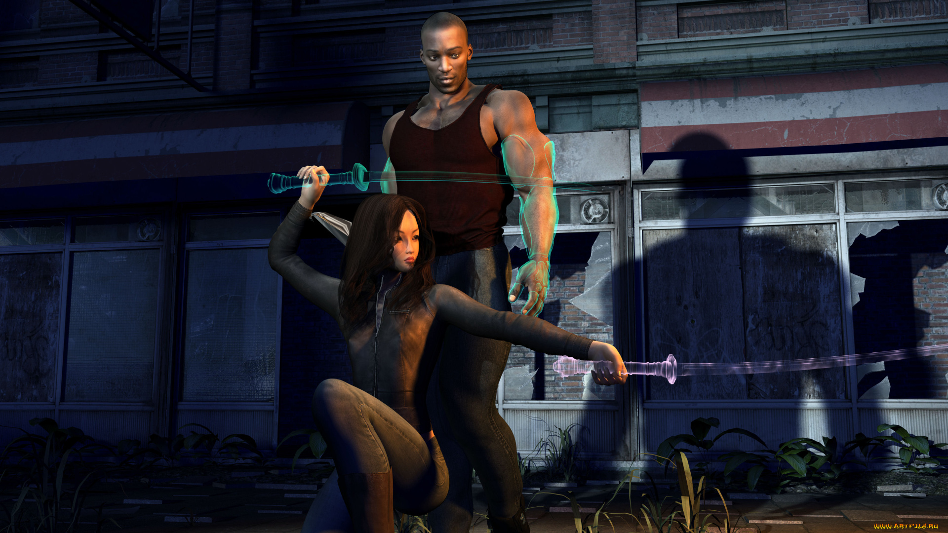 3д, графика, фантазия, , fantasy, мужчина, оружие, фон, взгляд, девушка