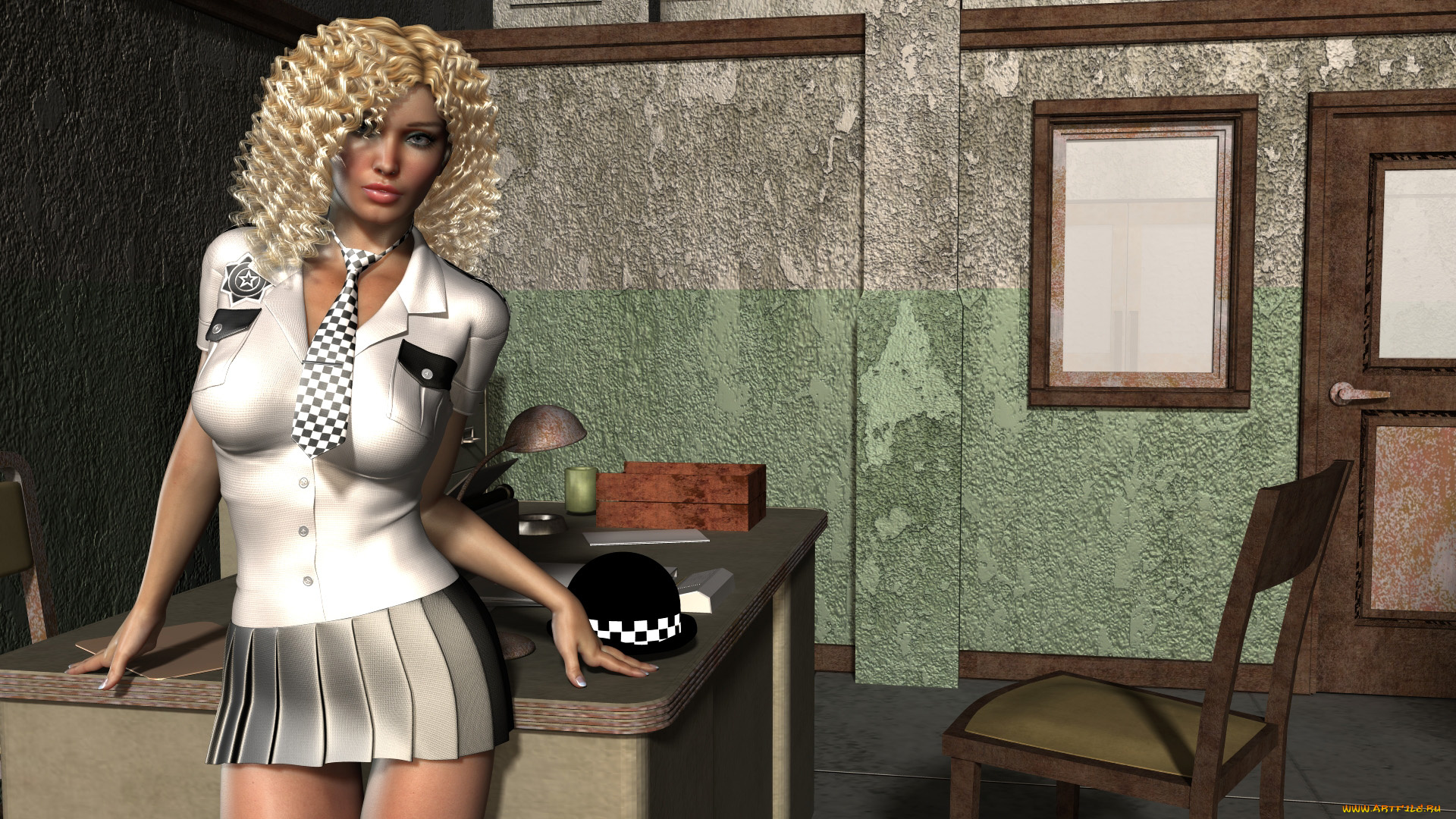 3д, графика, люди, , people, блондинка, полицейская, девушка, взгляд, фон