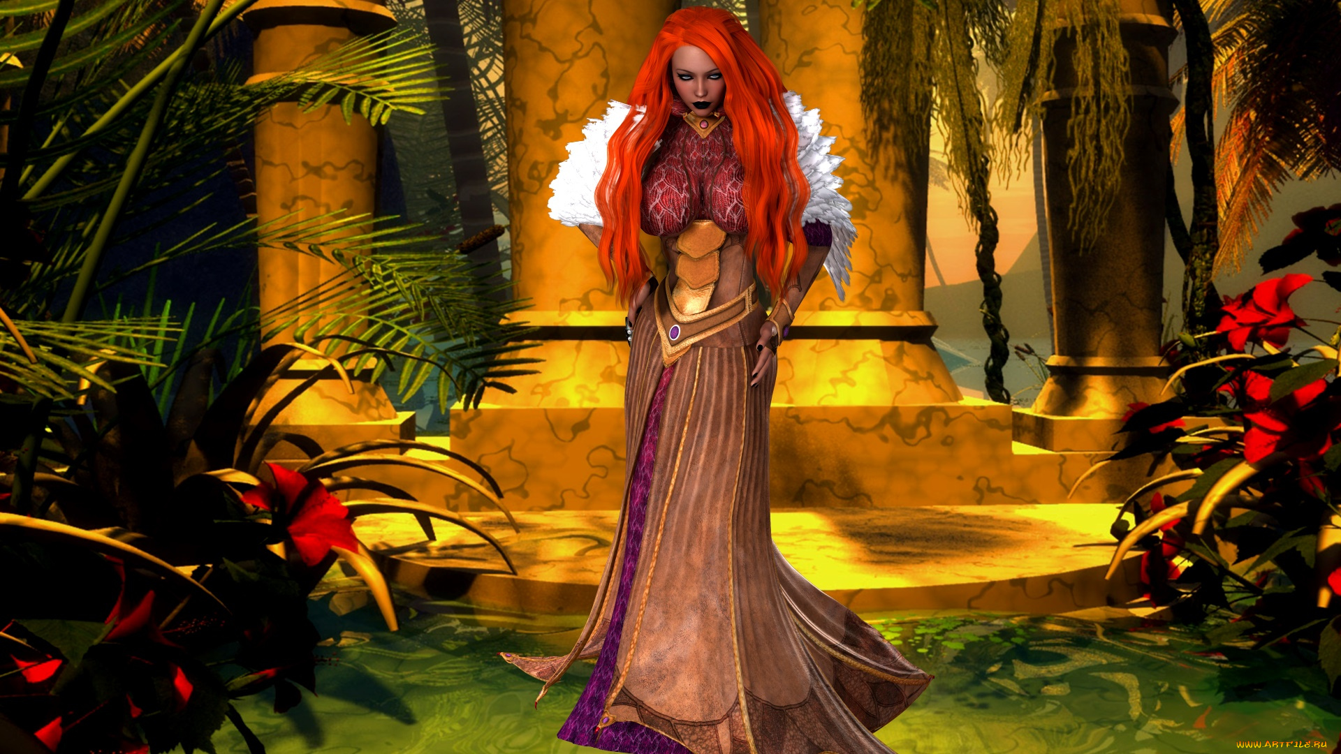 3д, графика, люди, , people, фон, взгляд, девушка, рыжая, перья