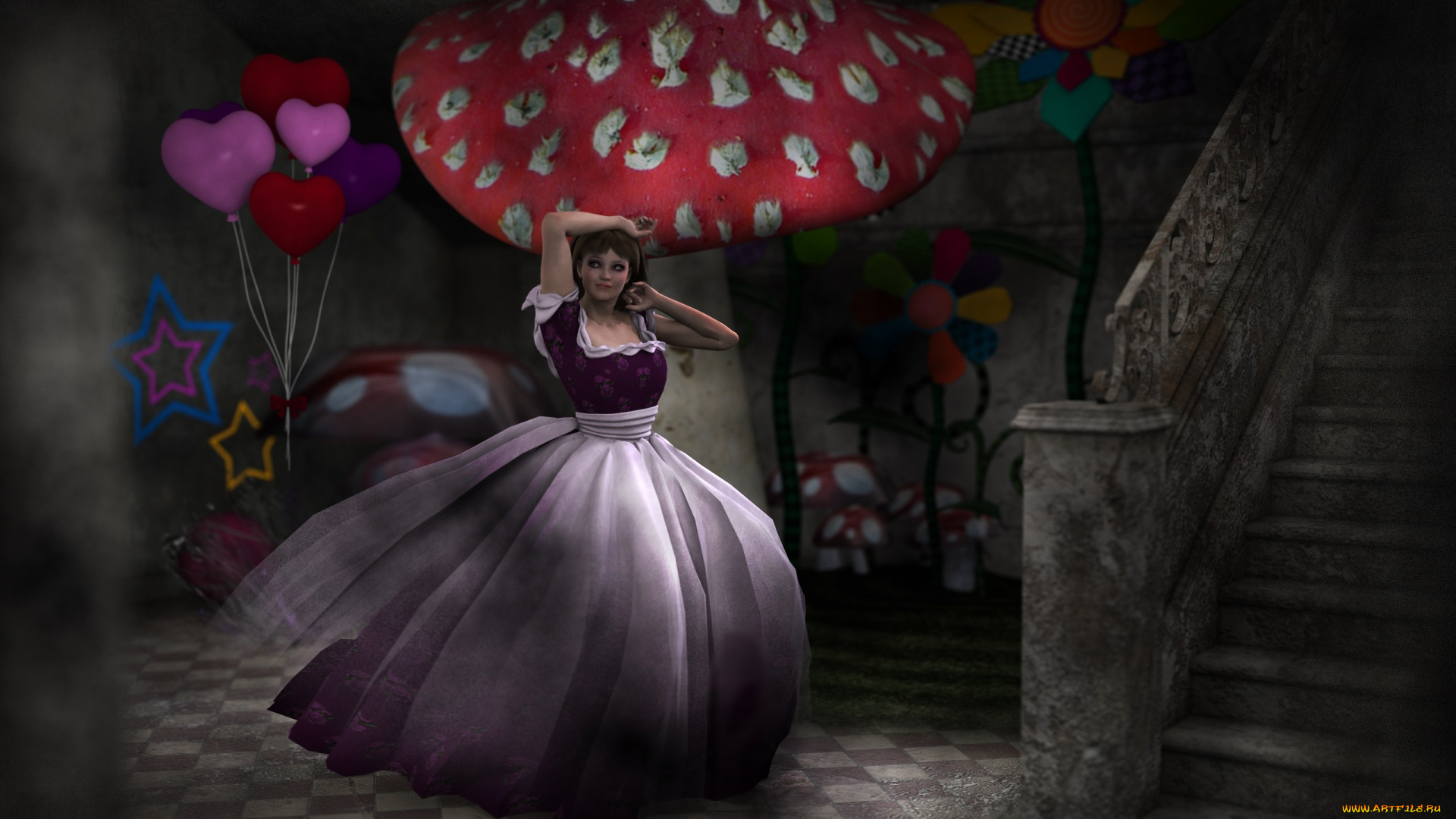 3д, графика, люди, , people, лестница, шары, платье, фон, взгляд, девушка