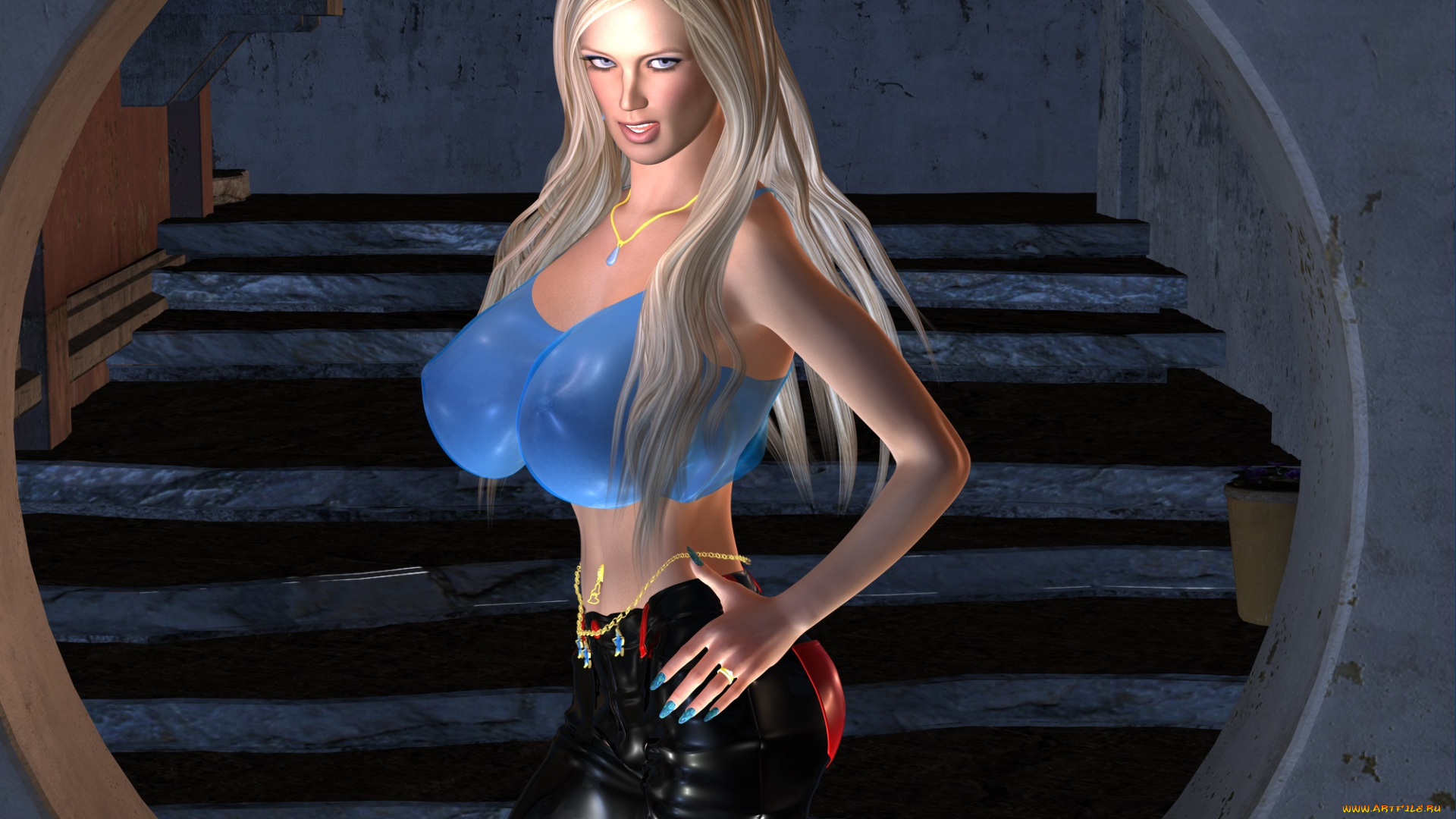 3д, графика, люди, , people, взгляд, фон, девушка, латекс, лестница, блондинка