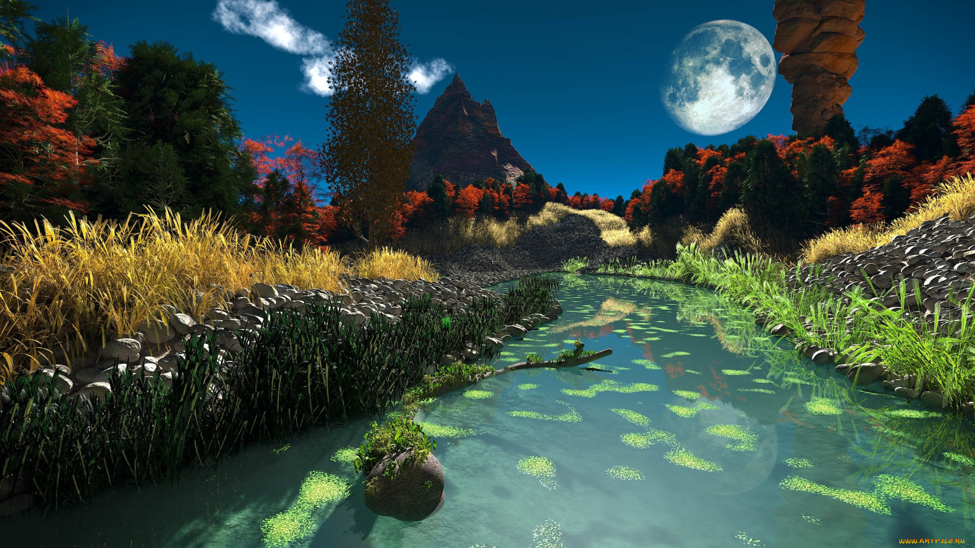 3д, графика, природа, , nature, горы, облака, камни, луна, река
