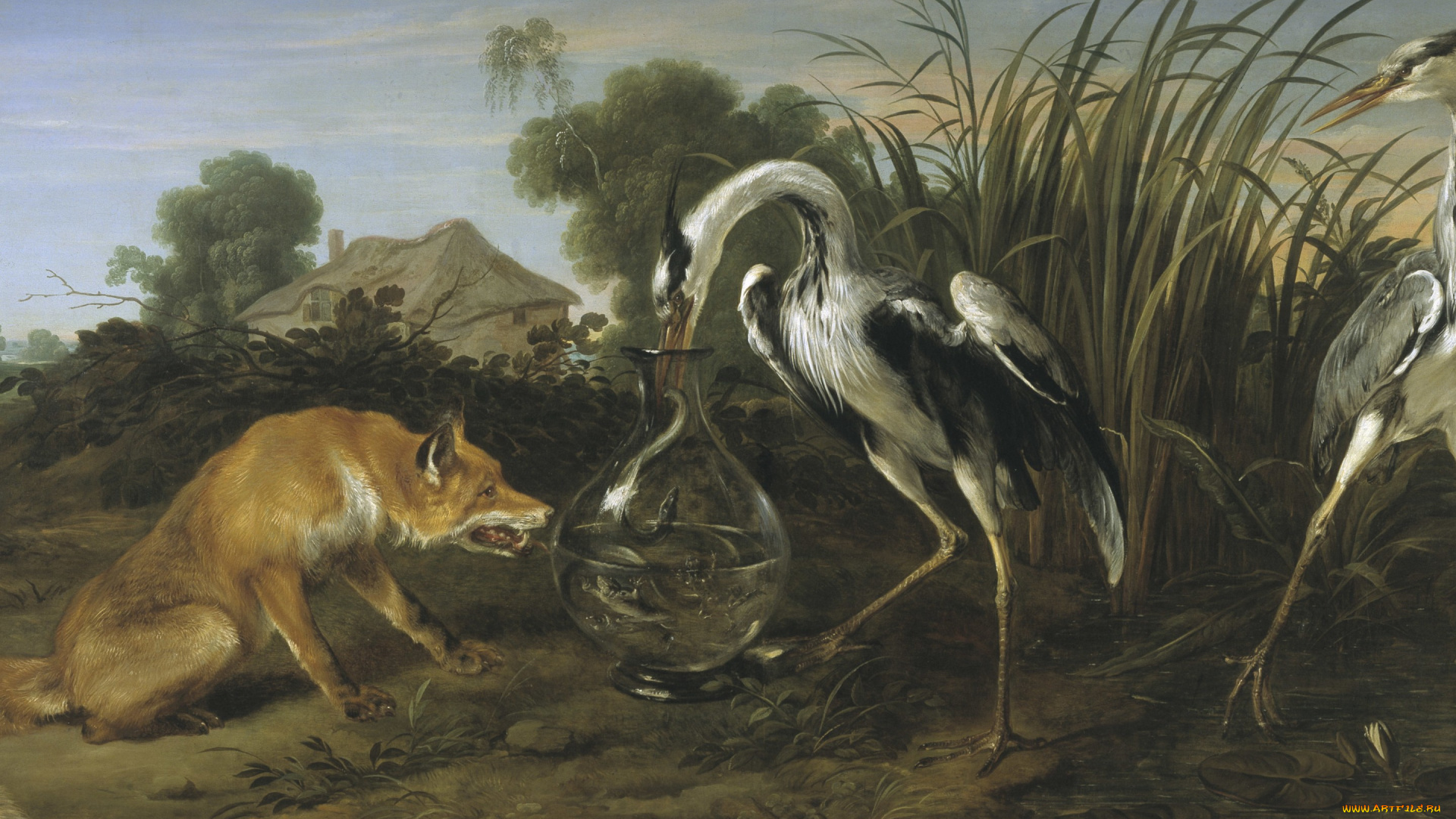 рисованное, животные, журавль, живопись, золотой, век, сказка, лиса
