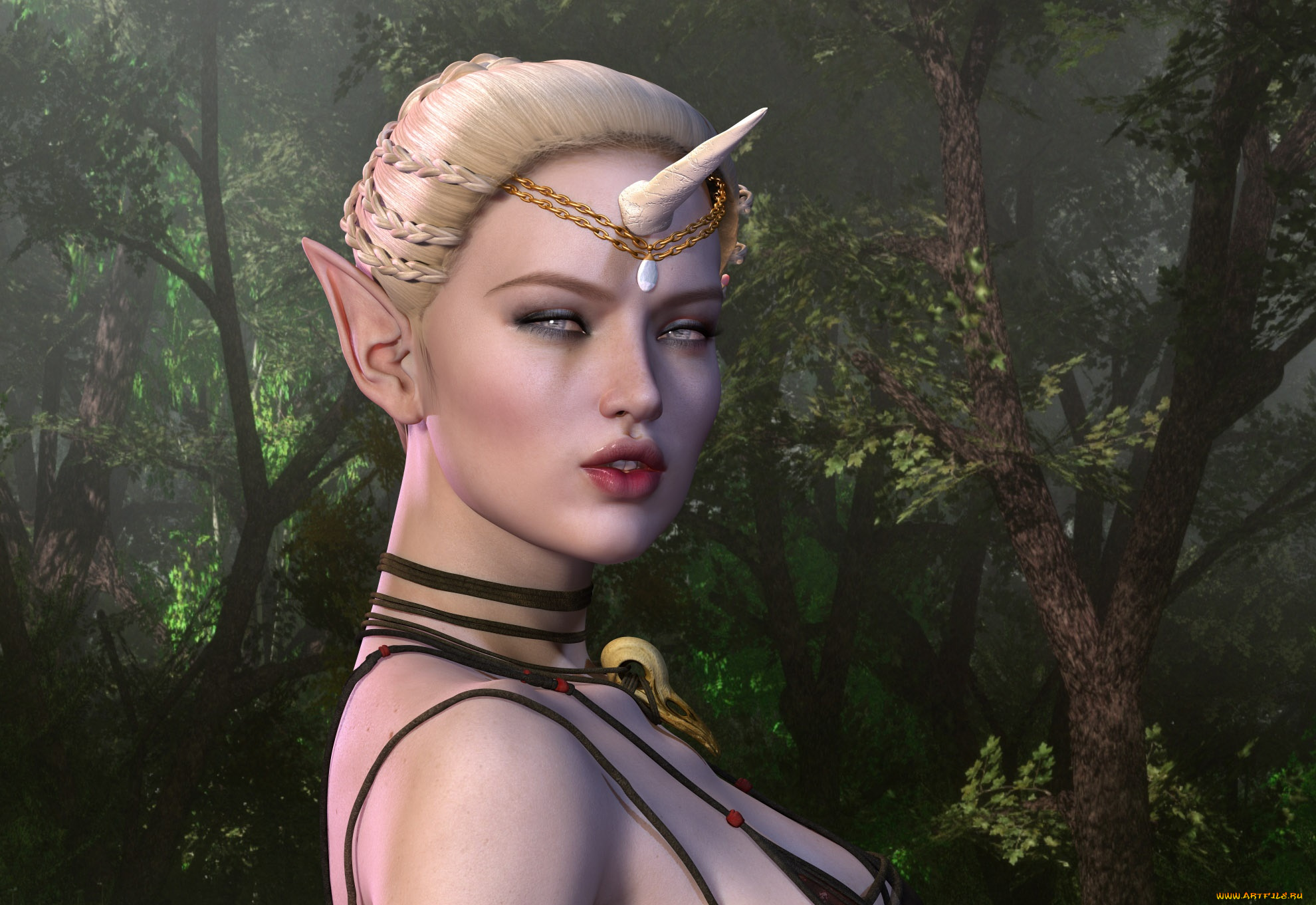 3д, графика, эльфы, , elves, рог, фон, взгляд, девушка