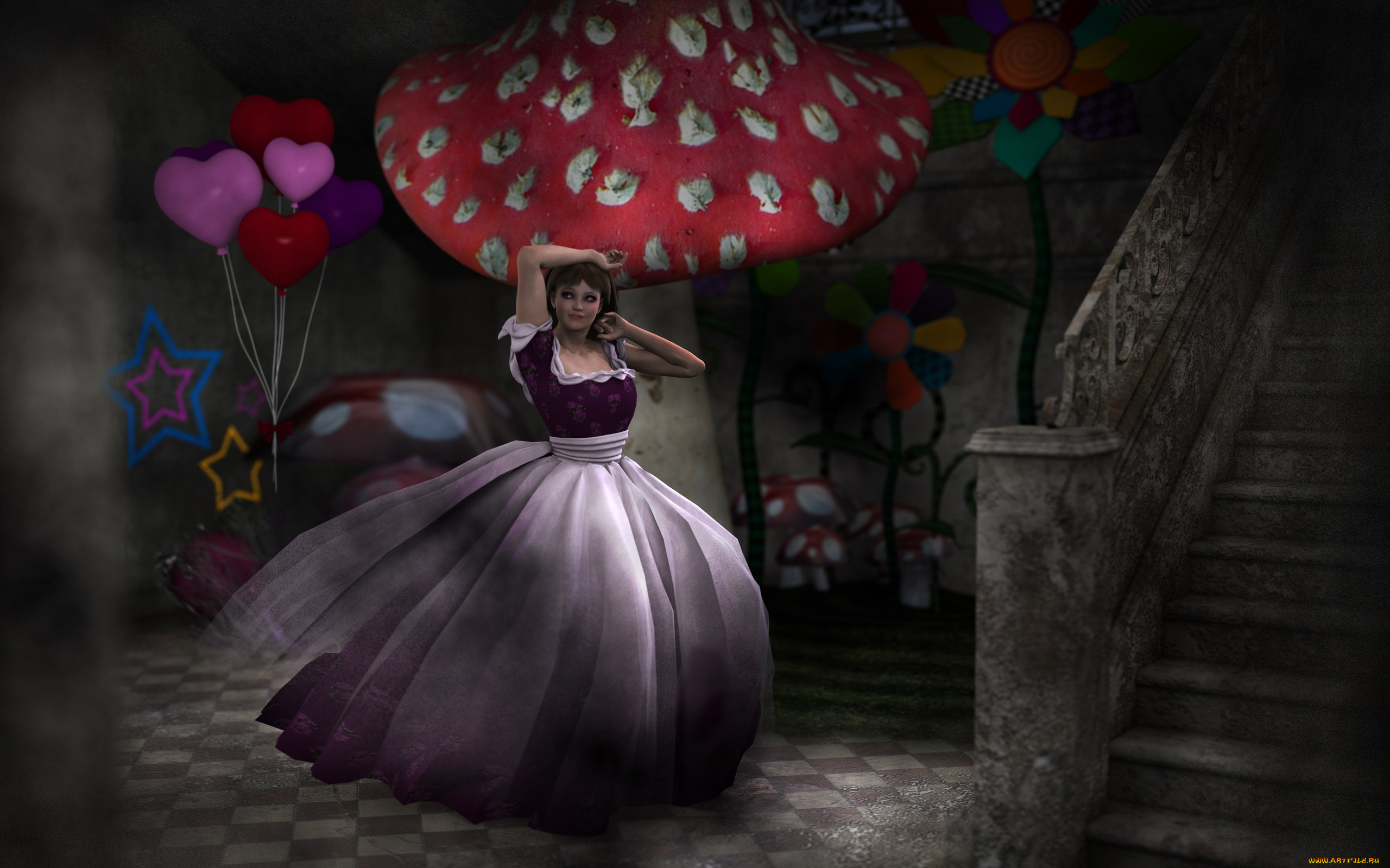 3д, графика, люди, , people, лестница, шары, платье, фон, взгляд, девушка