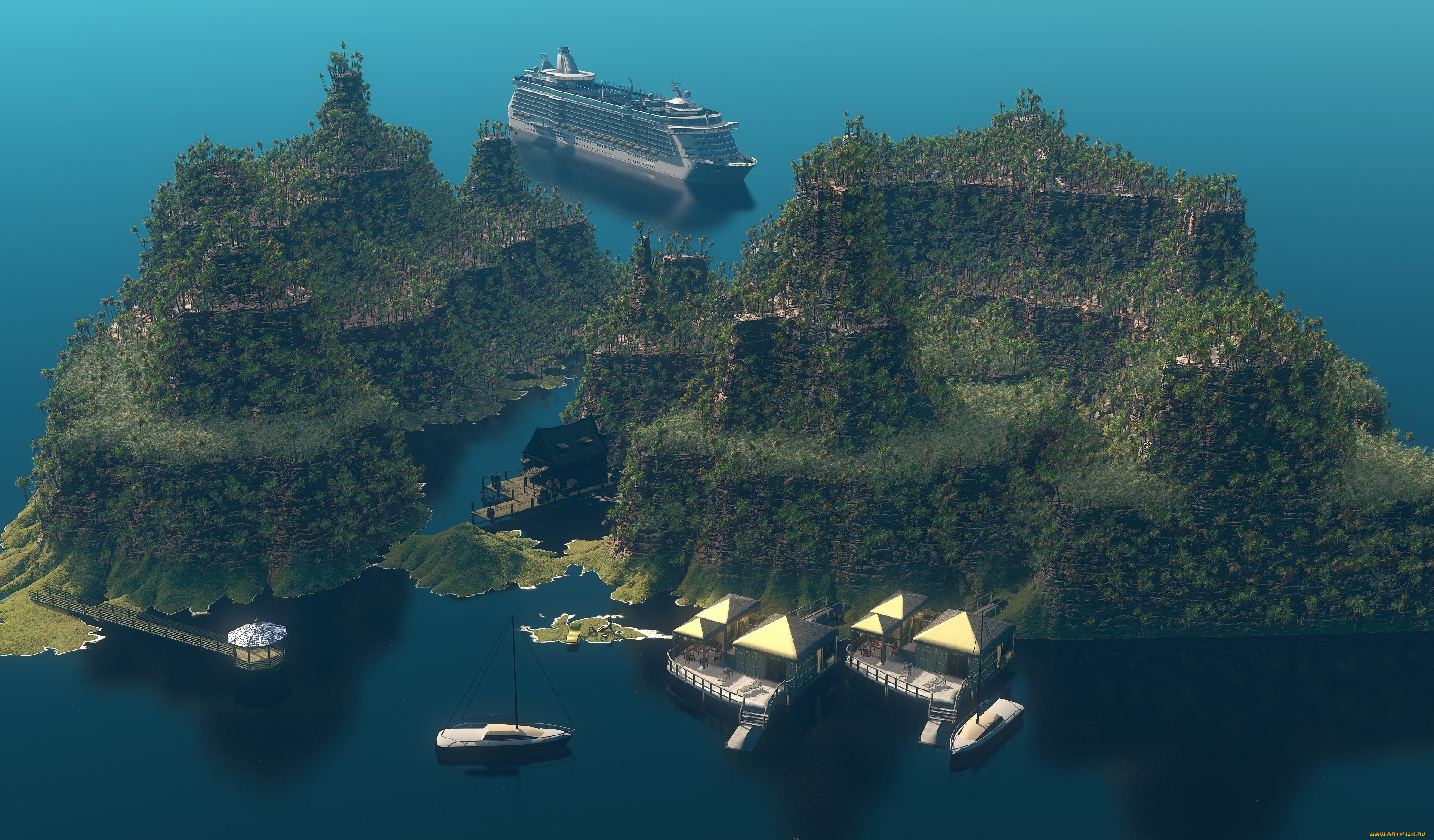 3д, графика, море, , sea, лайнер, яхты, дома, острова, море