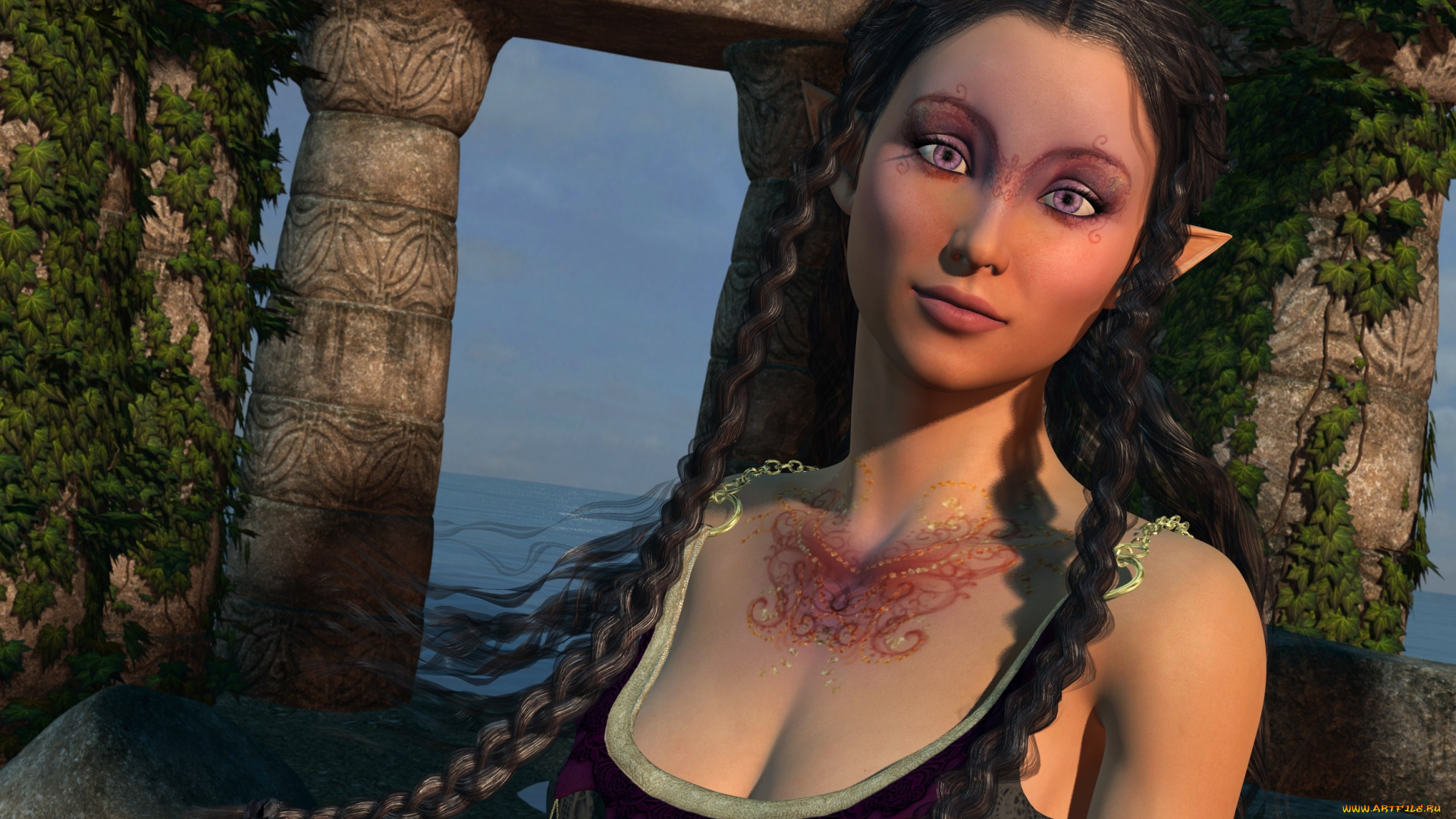 3д, графика, эльфы, , elves, взгляд, эльфийка, фон