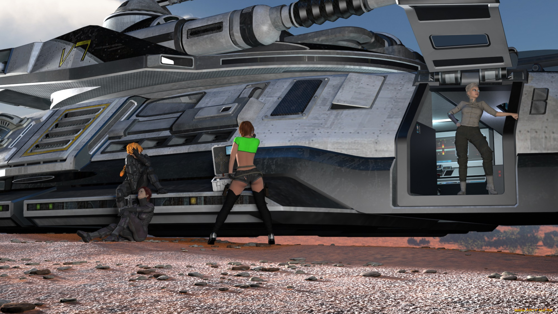 3д, графика, фантазия, , fantasy, космический, корабль, фон, взгляд, девушки