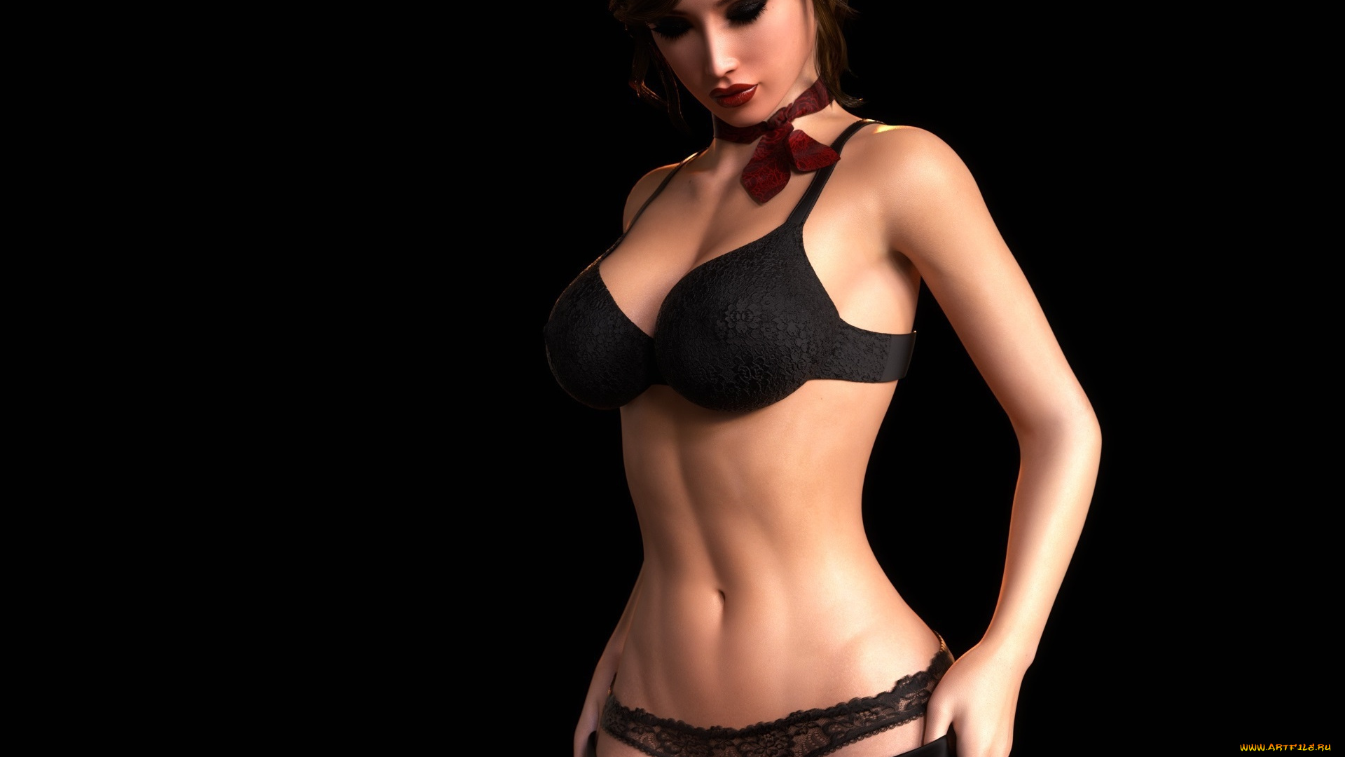 3д, графика, люди, , people, чулки, девушка, грудь, нижнее, белье, макияж, черный, фон