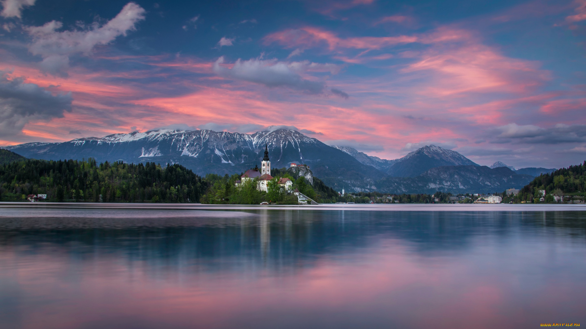 города, -, пейзажи, горы, озеро, остров, закат, юлийские, альпы