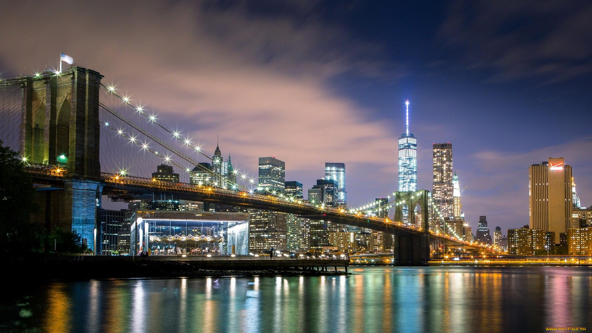 города, нью-йорк, , сша, город, огни, река, ночь, бруклинский, мост