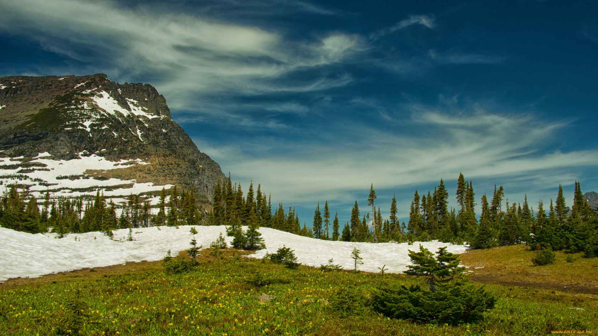 природа, горы, облака, небо, деревья, гора