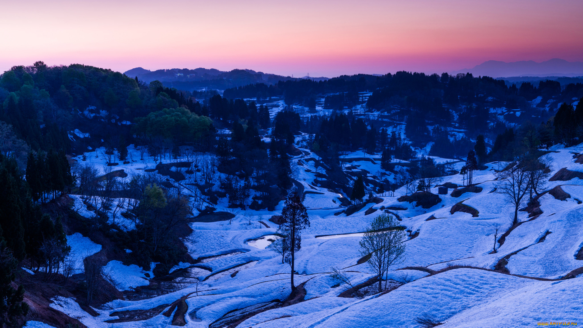 природа, пейзажи, пейзаж, снег, зима, деревья, вечер, река, ручей, долина, горы