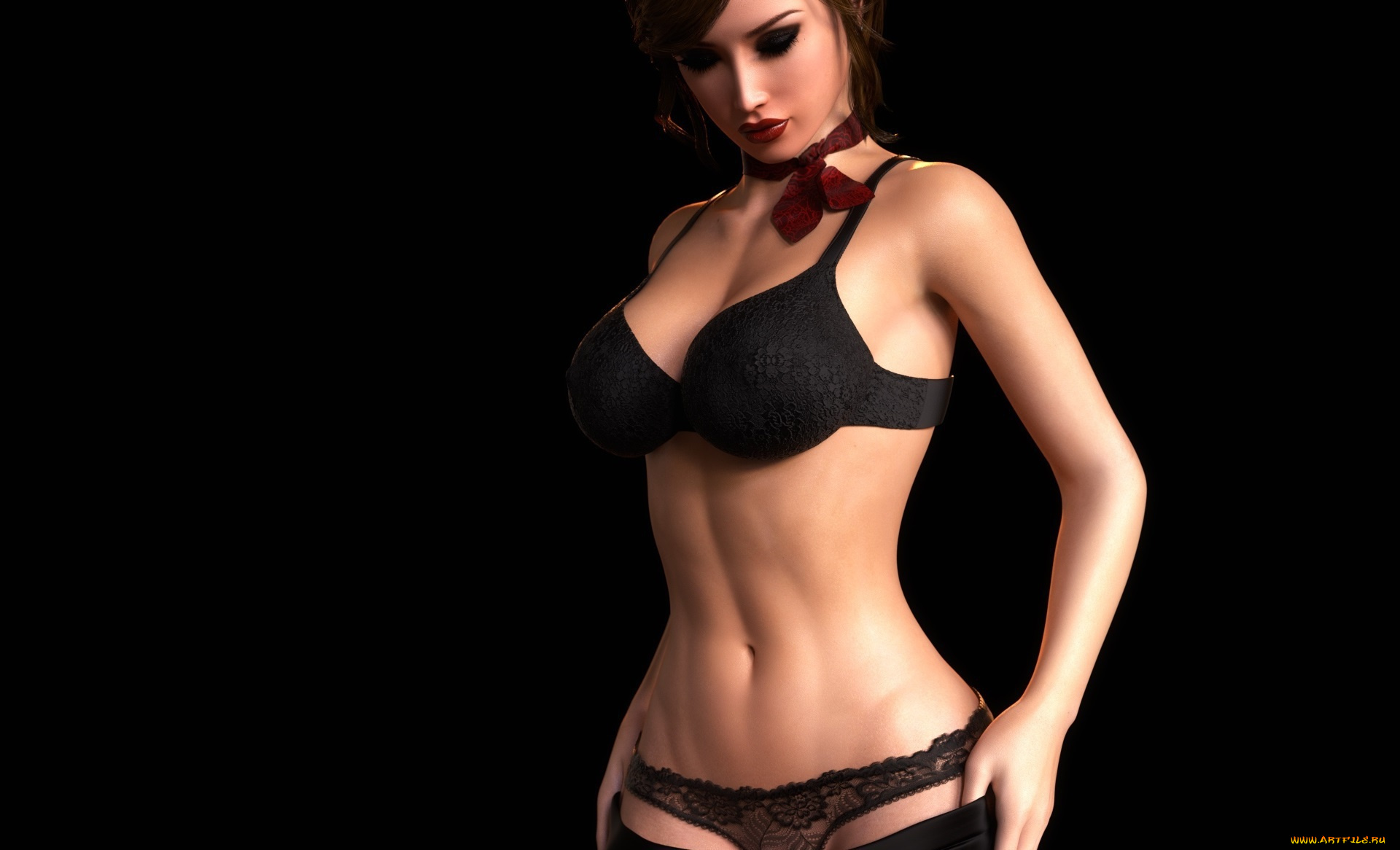 3д, графика, люди, , people, чулки, девушка, грудь, нижнее, белье, макияж, черный, фон