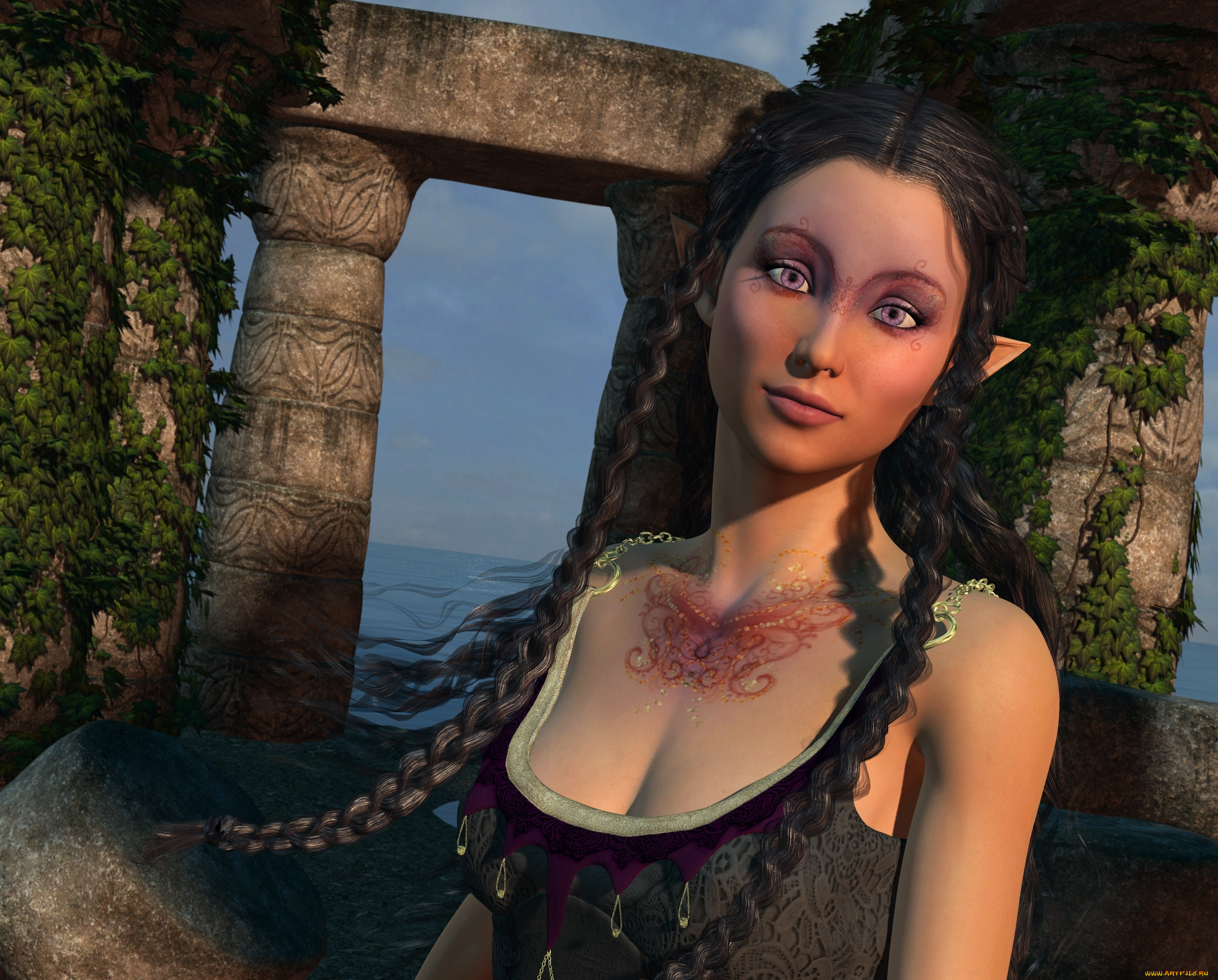 3д, графика, эльфы, , elves, взгляд, эльфийка, фон