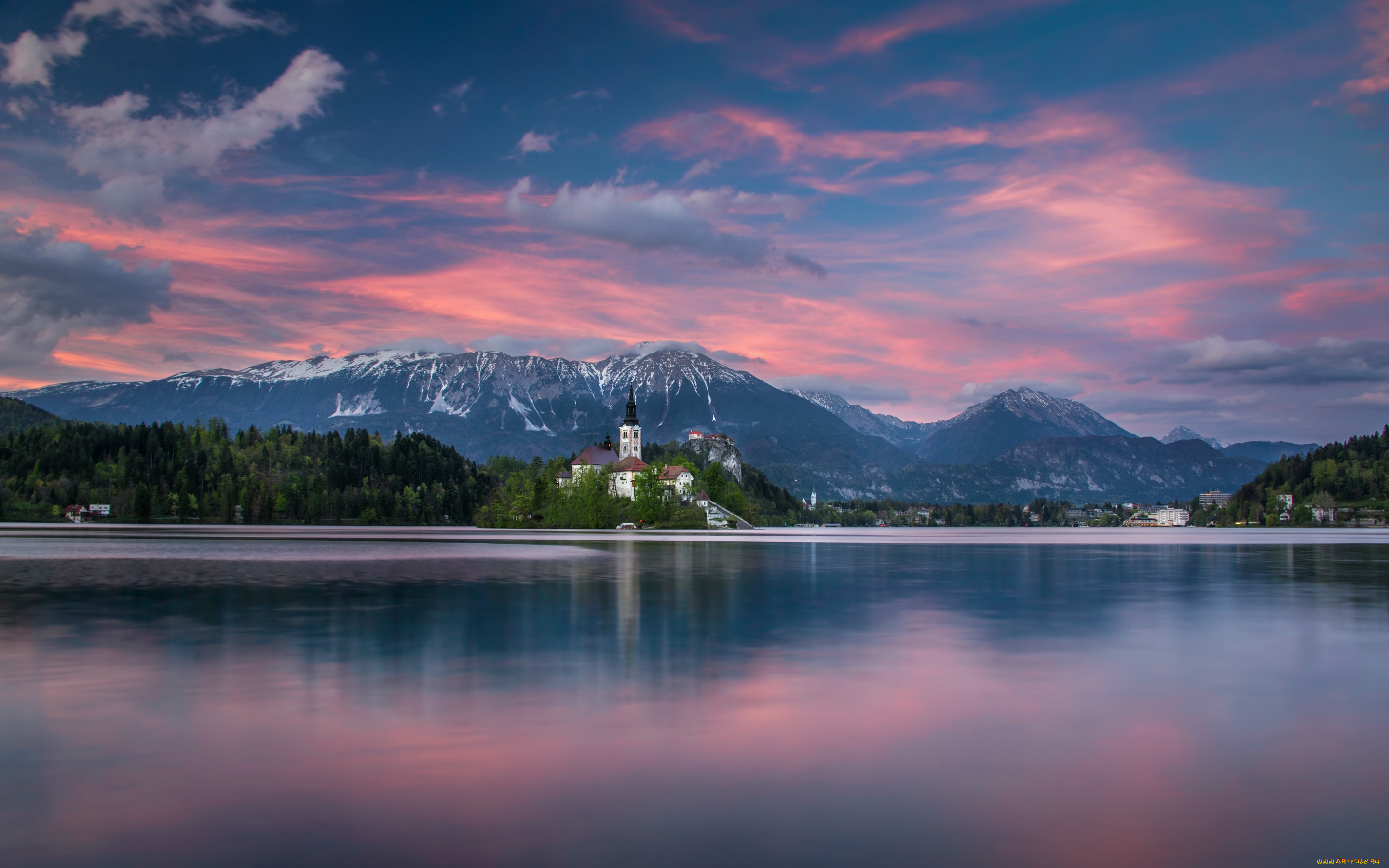 города, -, пейзажи, горы, озеро, остров, закат, юлийские, альпы