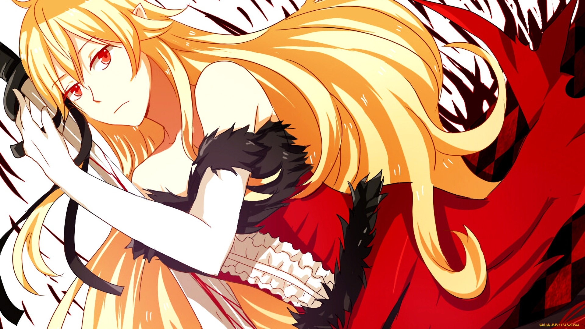 аниме, bakemonogatari, девушка, фон, взгляд