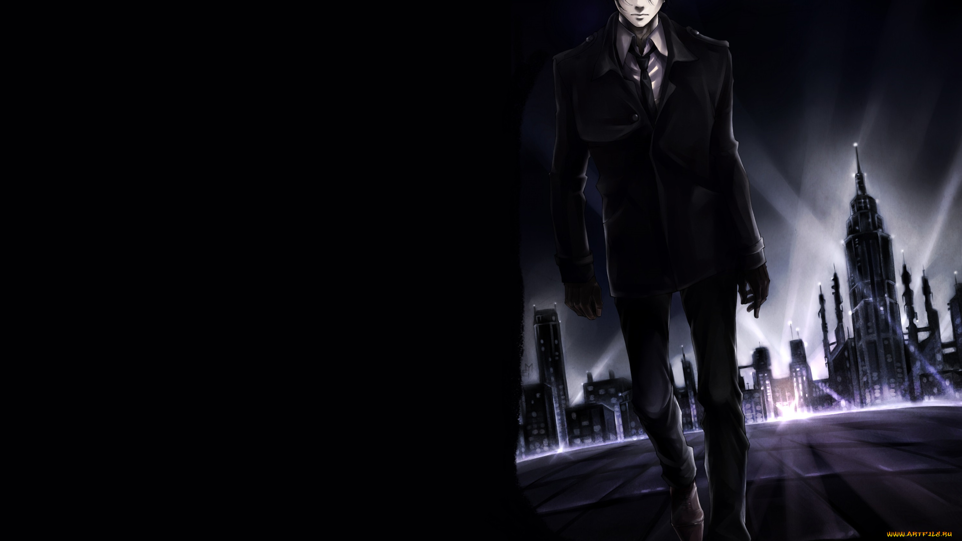 аниме, psycho-pass, город, ночь, парень