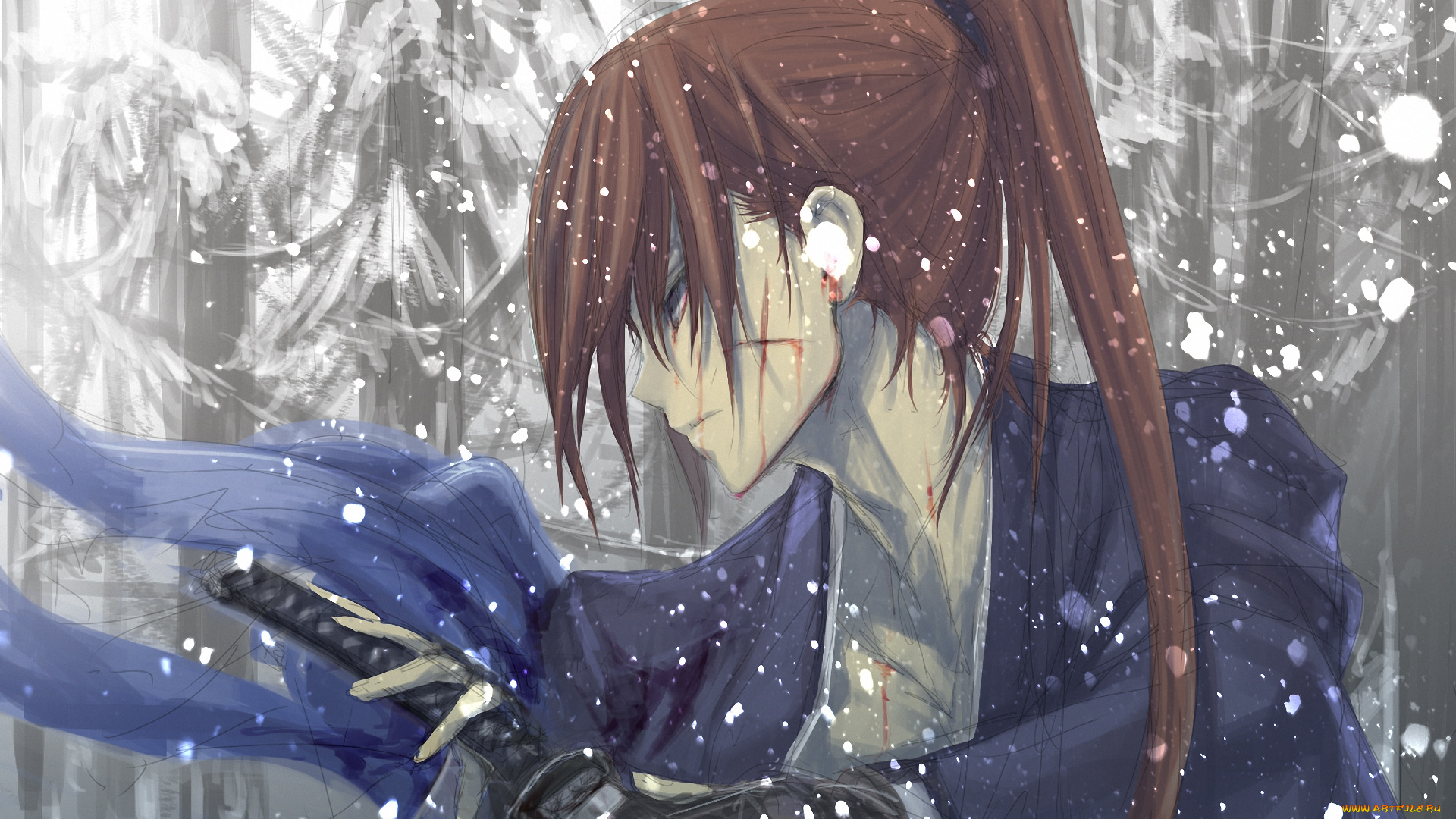 аниме, rurouni, kenshin, лес, снег, himura, самурай, kenshin, мужчина, меч