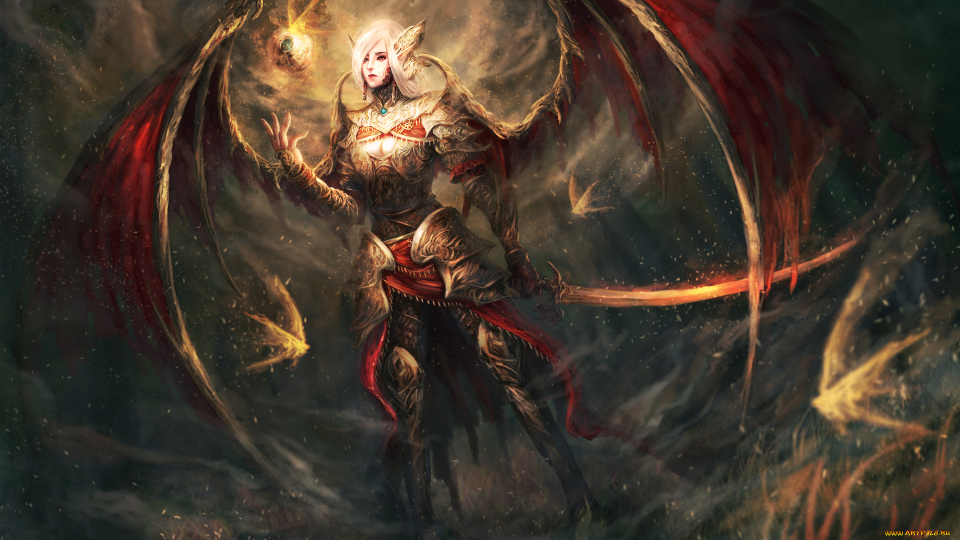 фэнтези, ангелы, крылья, взгляд, фон, девушка