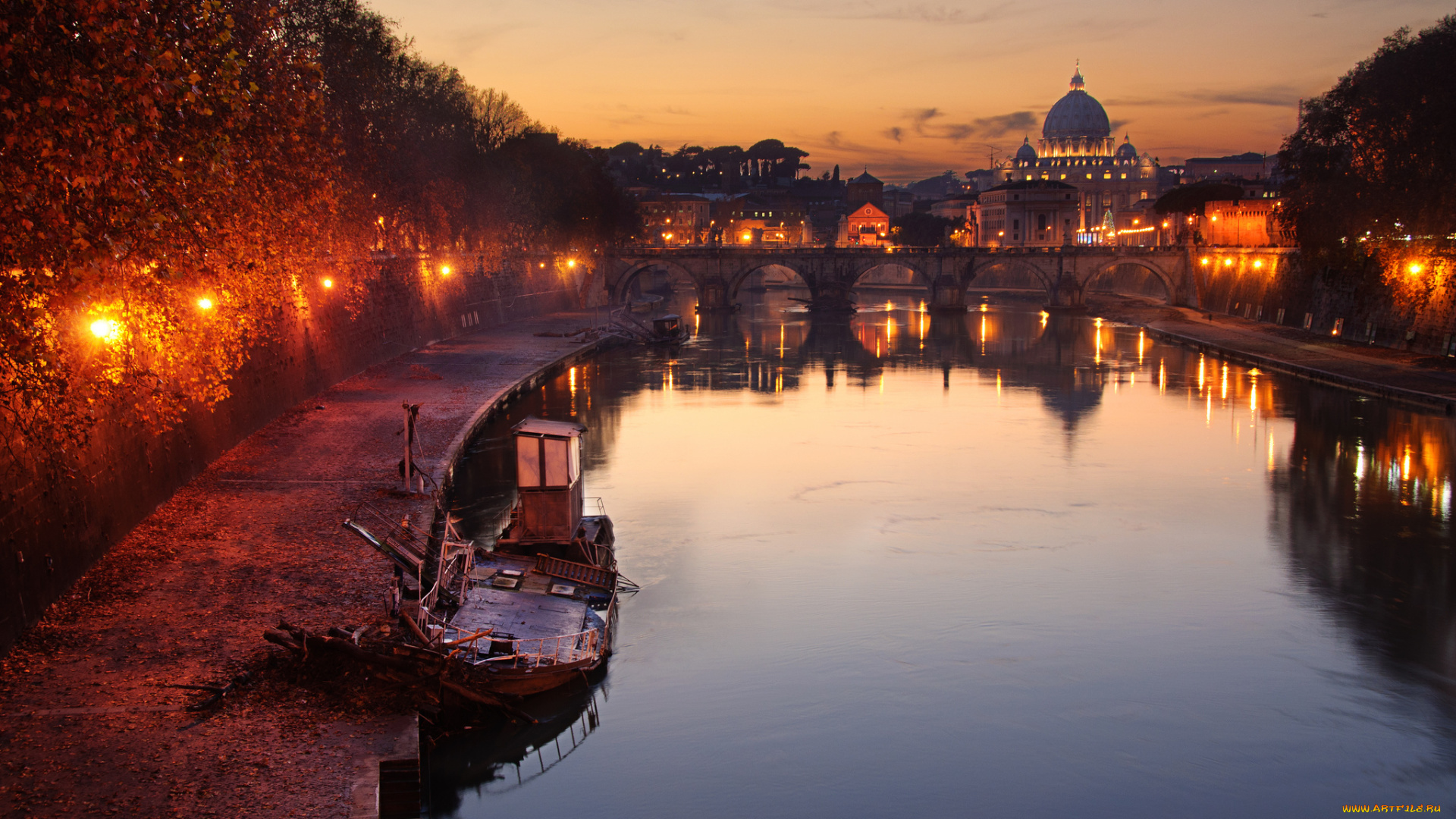 города, рим, , ватикан, , италия, небо, облака, закат, отражение, лампы, лодка, зеркало, фонари, ватикан, базилика, святого, петра, городские, сант-анджело, замок, ангела, мост, реки, тибр