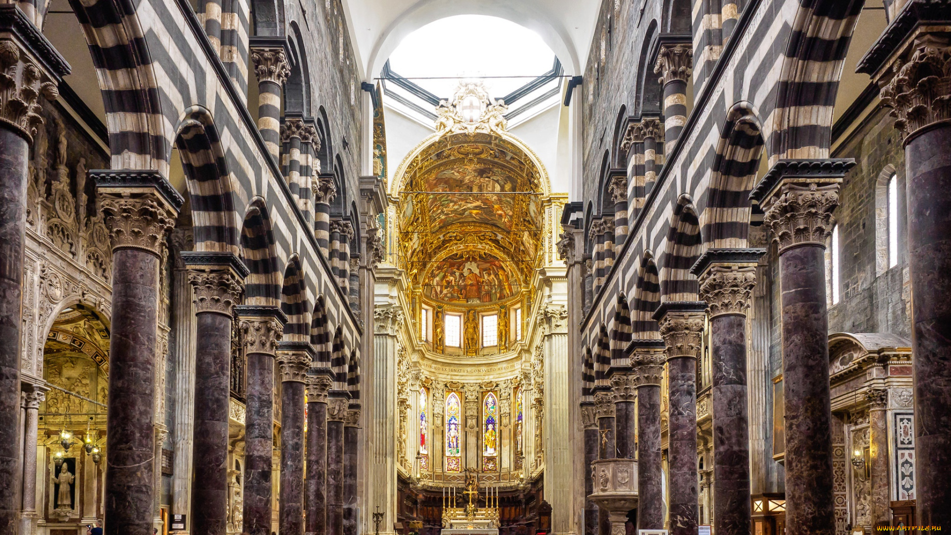 интерьер, убранство, , роспись, храма, скамья, алтарь, арка, италия, колонна, генуя, неф, кафедральный, собор, сан-лоренцо