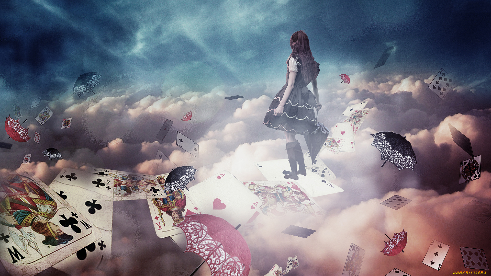 разное, компьютерный, дизайн, карты, облако, фон, зонт, девушка