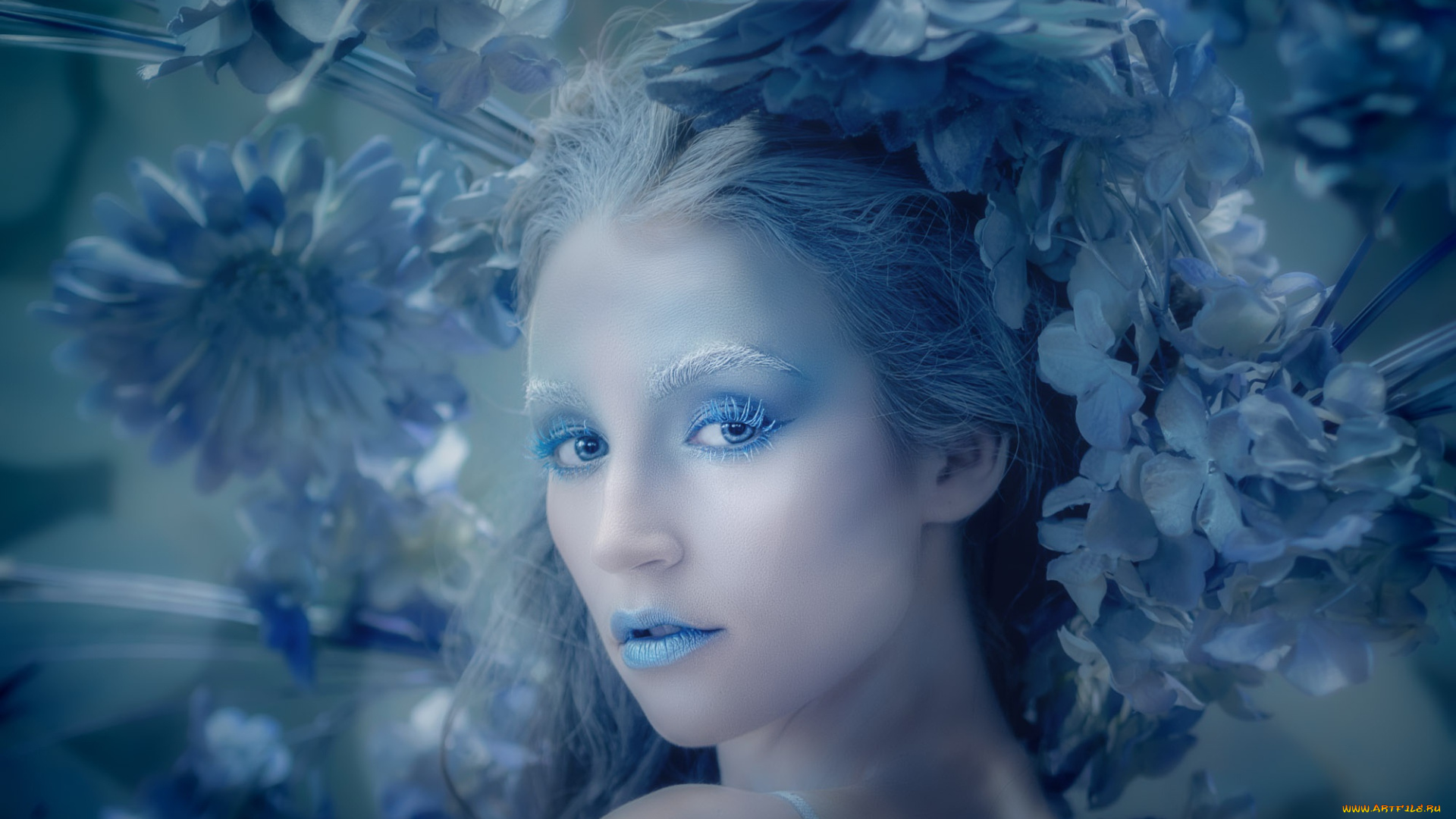 девушки, -unsort, , креатив, blue, hydragea, взгляд, стиль, цветы, макияж, девушка