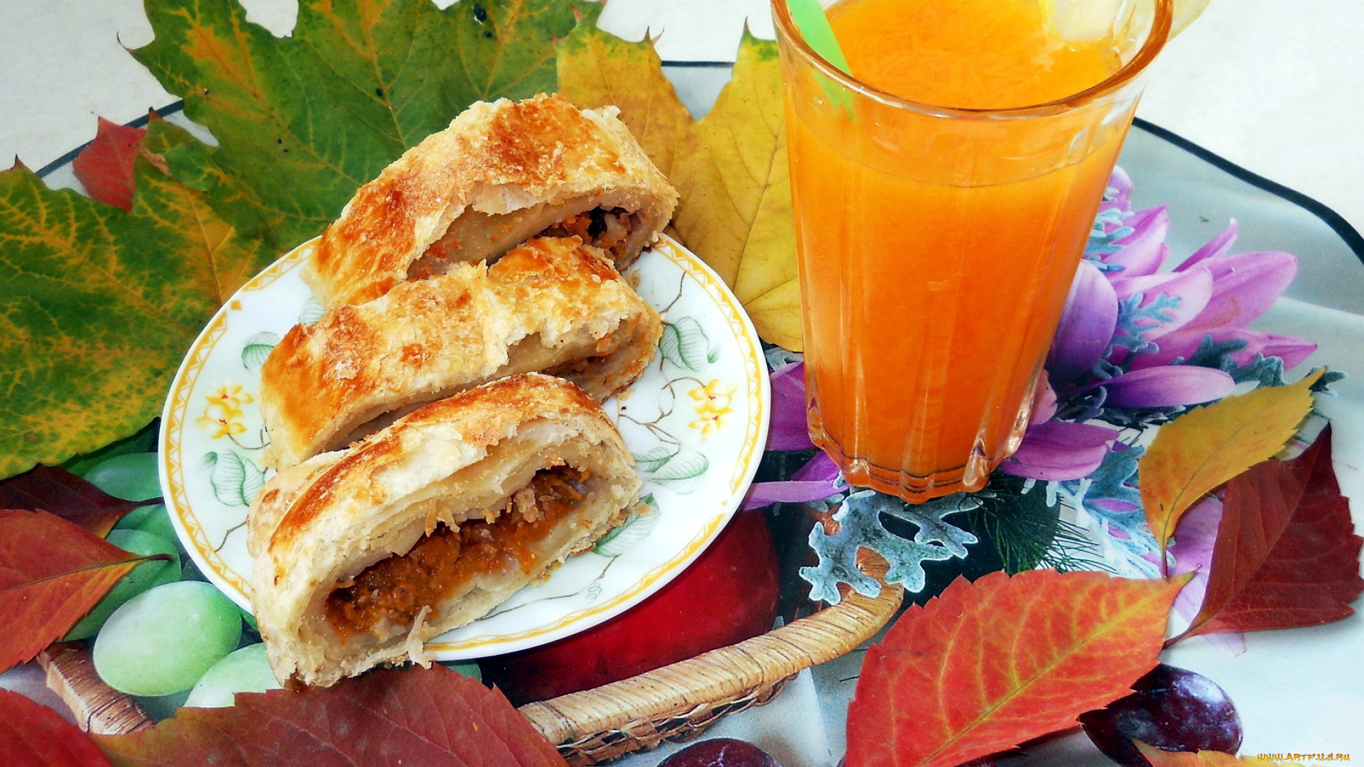 еда, пироги, сливовый, пирог, сок, листья