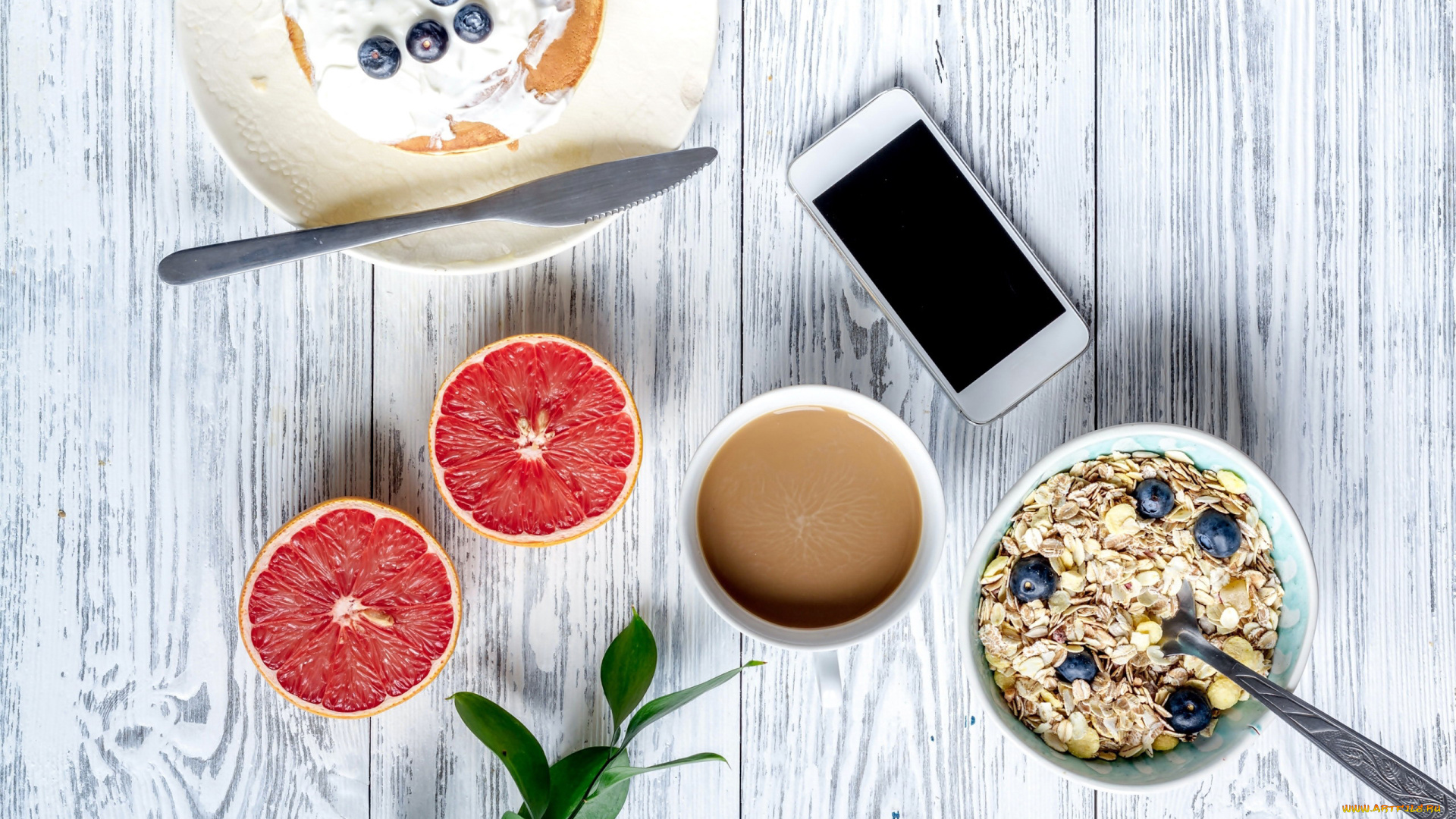 еда, разное, телефон, грейпфрут, завтрак, мюсли, черника, блинчик, кофе