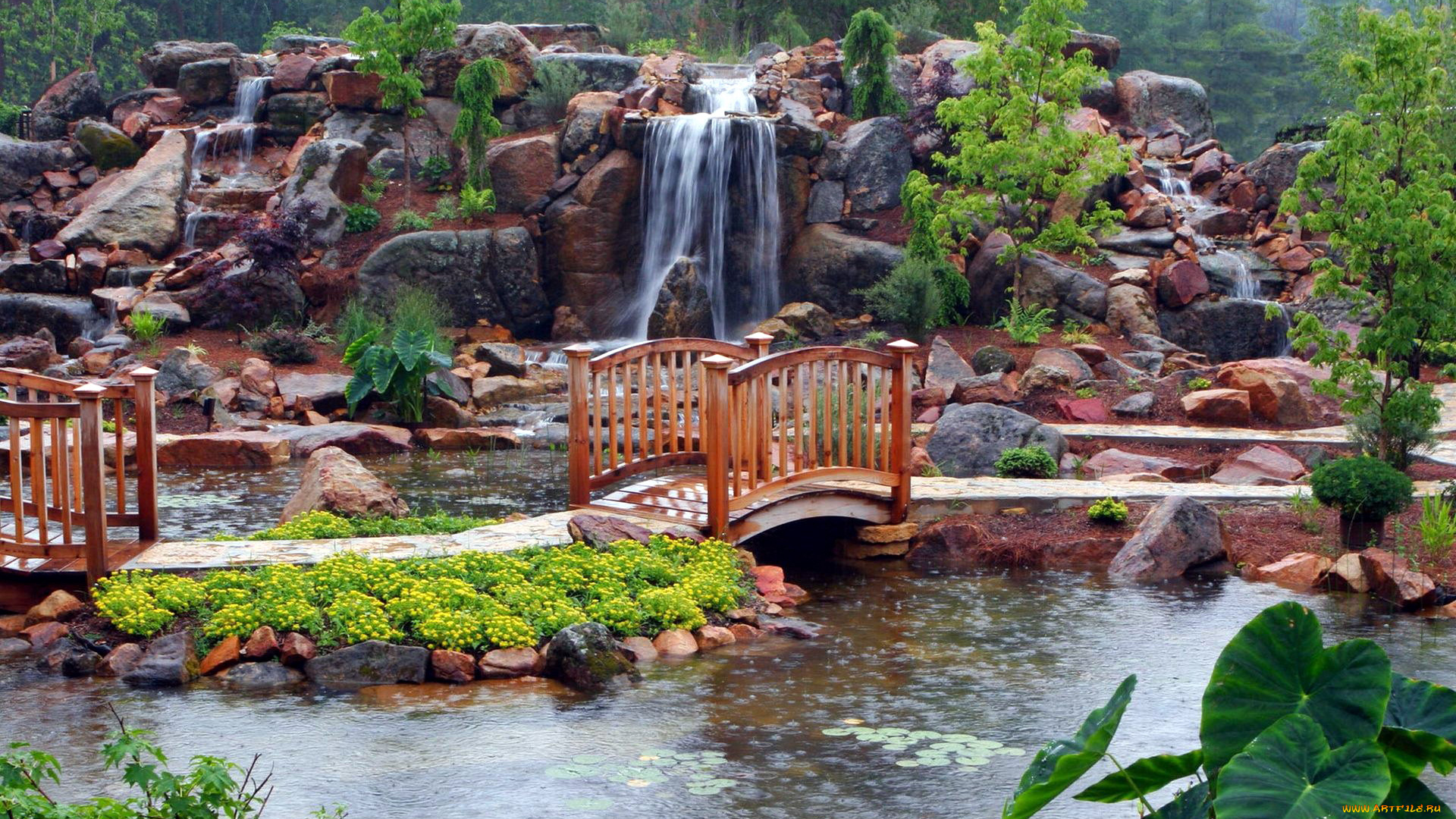 природа, парк, мостик, водопад, водоем