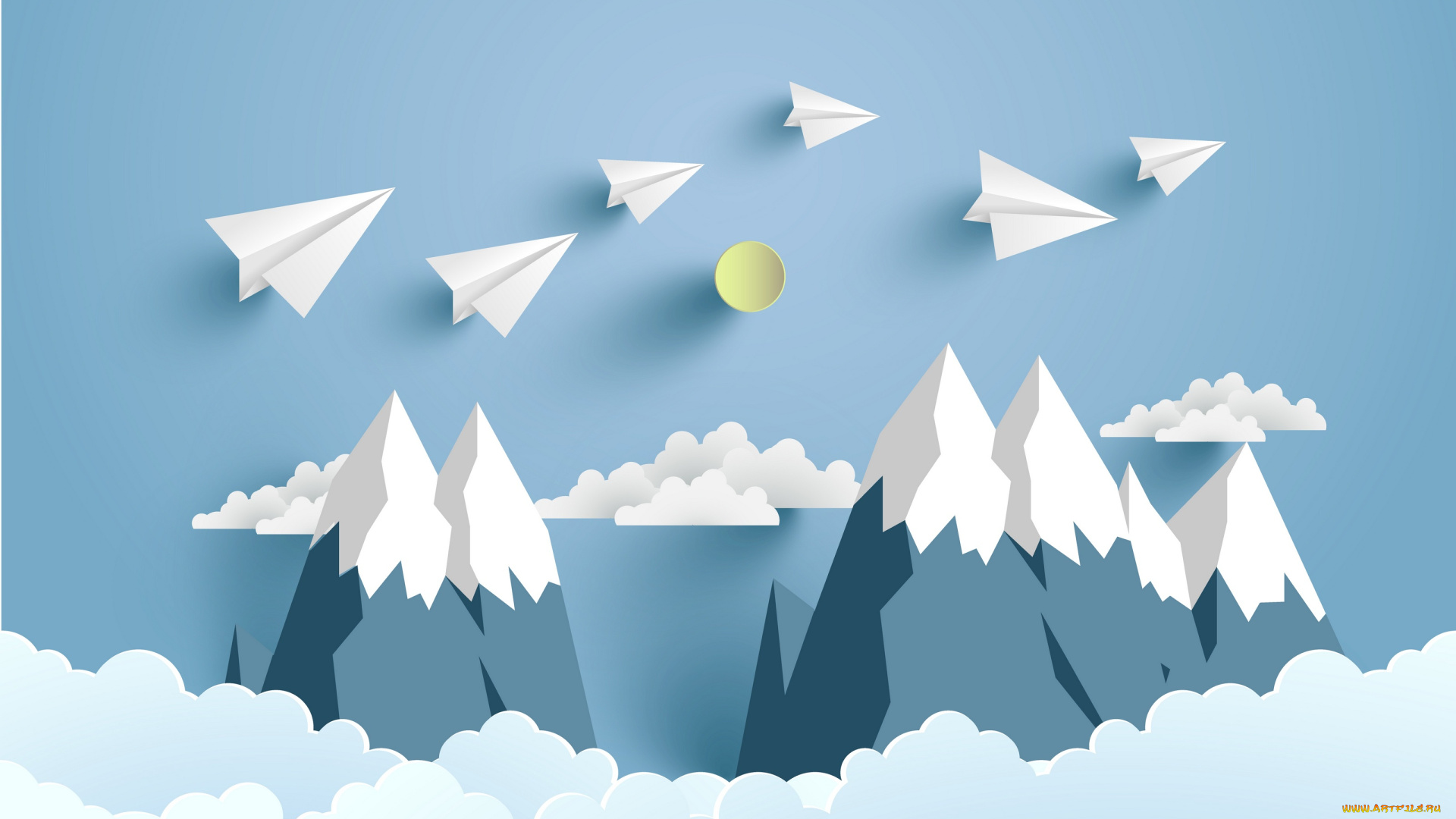 векторная, графика, природа, , nature, самолеты, облака, природа, рендеринг, горы