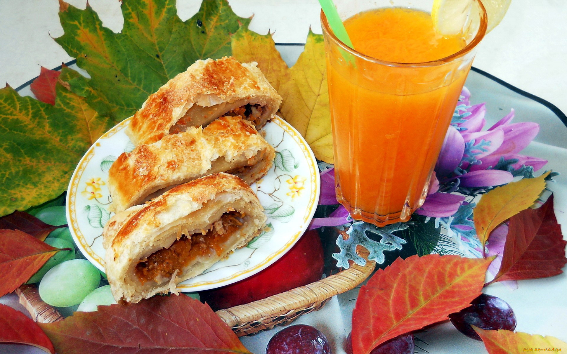 еда, пироги, сливовый, пирог, сок, листья