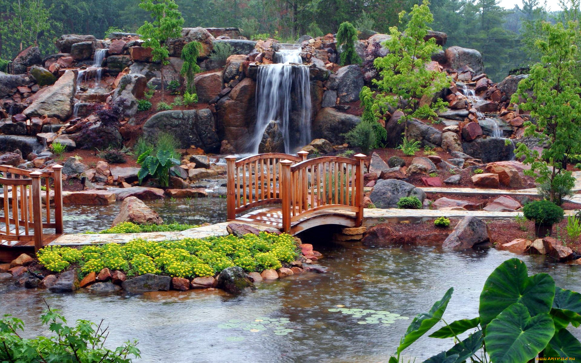 природа, парк, мостик, водопад, водоем