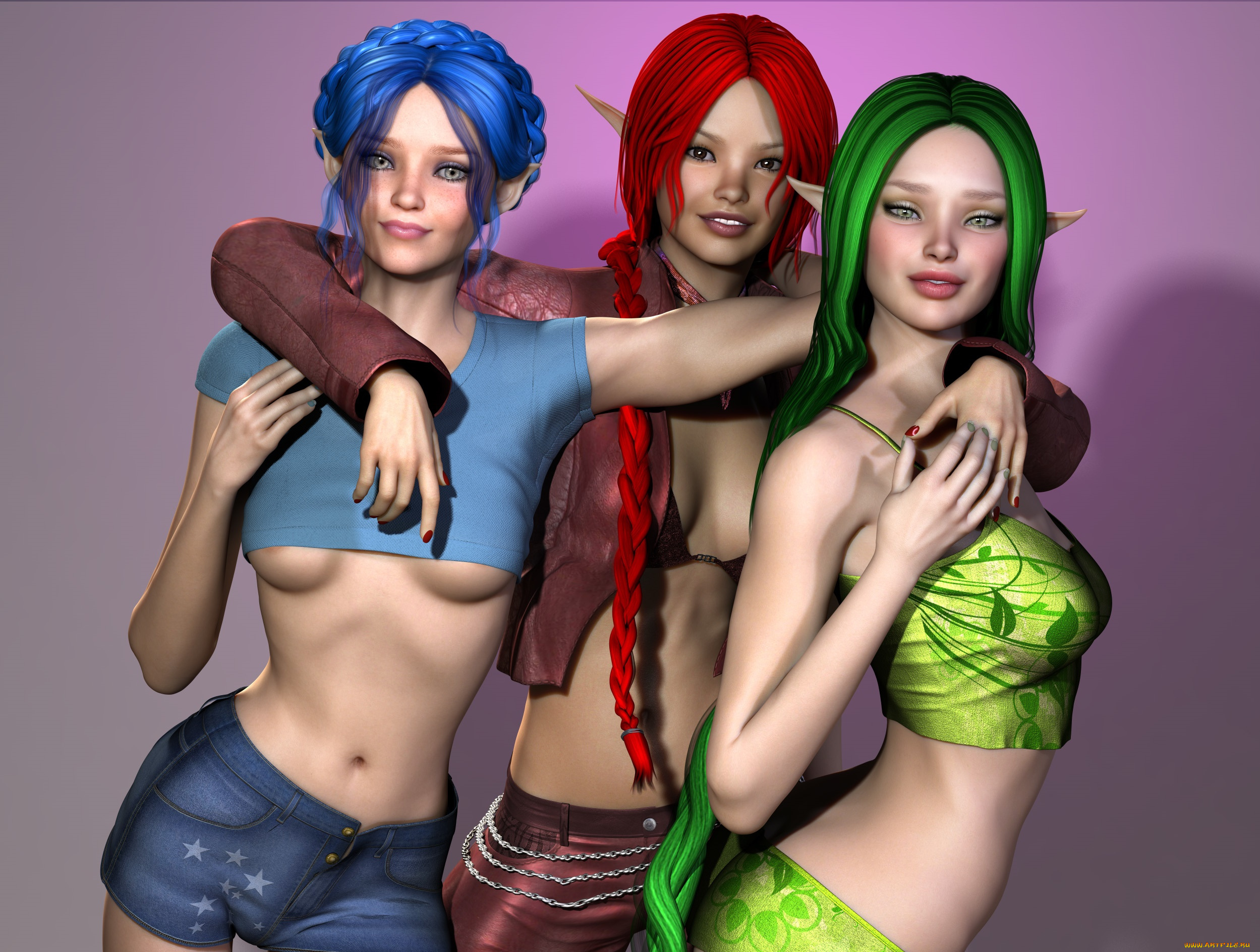 3д, графика, эльфы, , elves, эльфийки, взгляд, фон