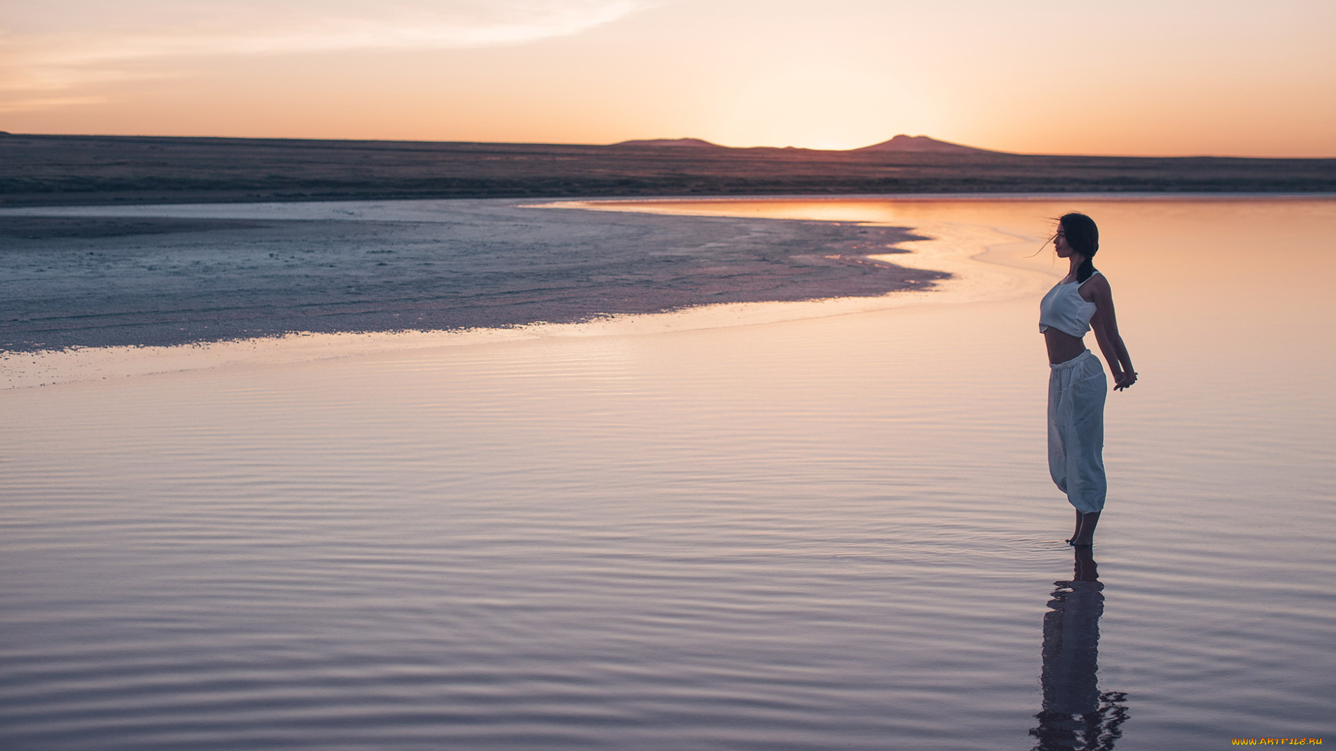 девушки, -, брюнетки, , шатенки, брюнетка, топ, штаны, озеро, берег, заря