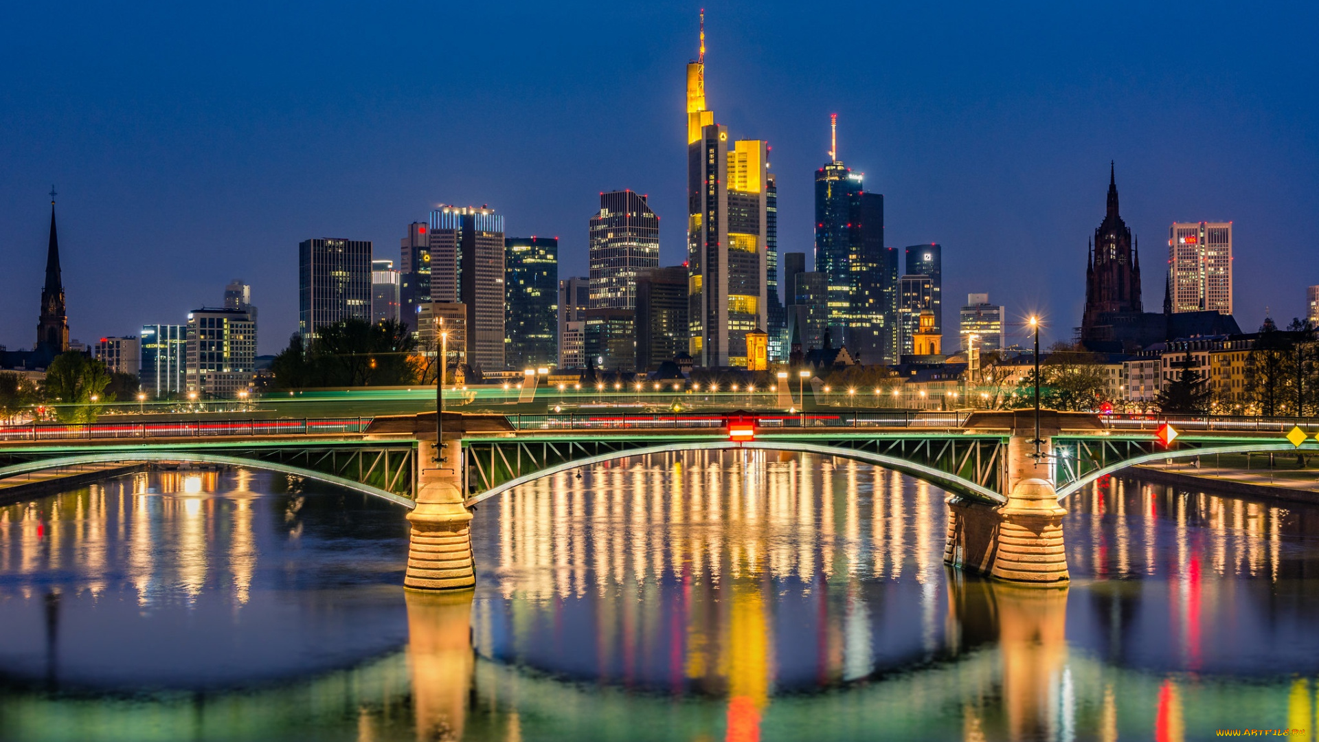 города, франкфурт-на-майне, , германия, мост, река, здания, дома, ночной, город, небоскрёбы, germany, франкфурт-на-майне, frankfurt, am, main, майн, river