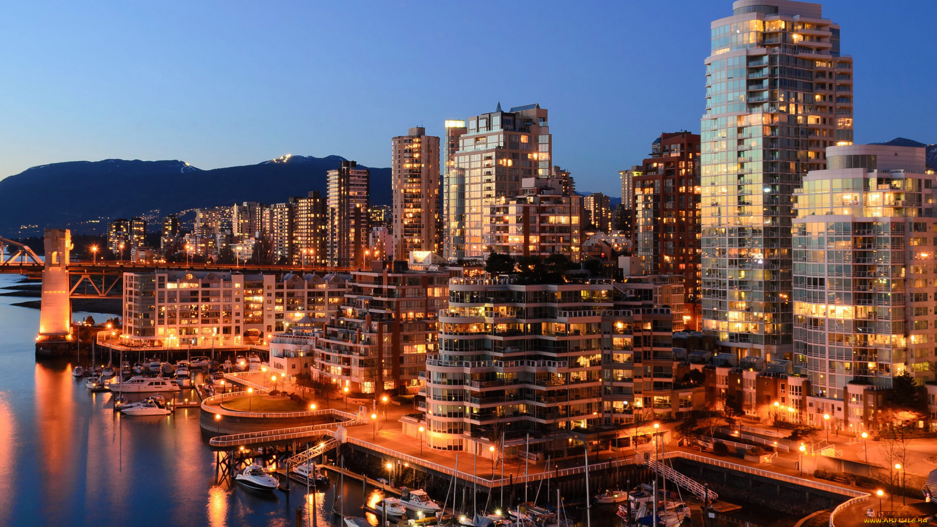 города, ванкувер, , канада, небоскребы, ночь, огни