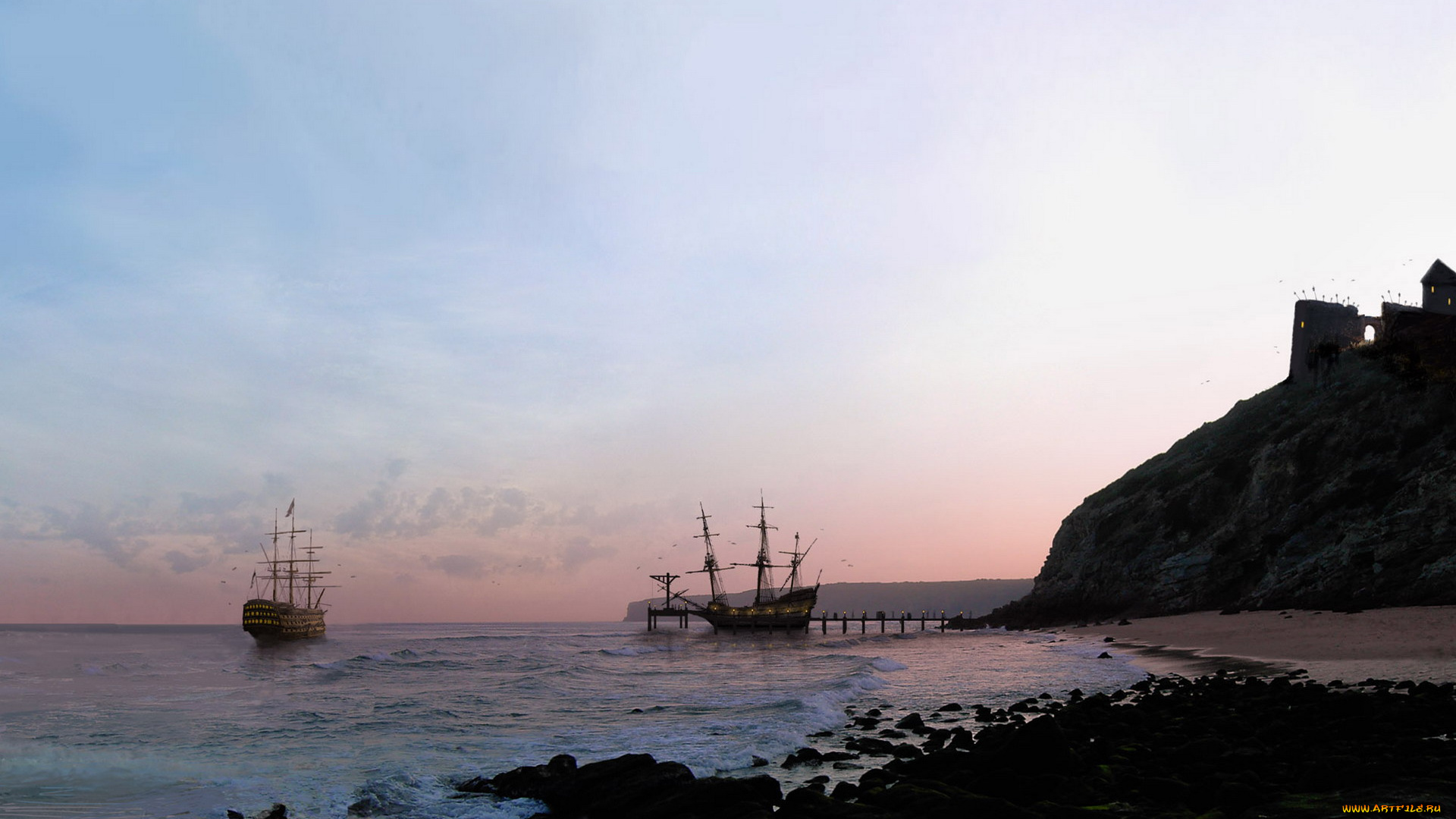 корабли, парусники, причал, море, берег